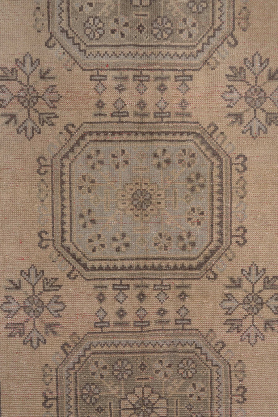 4' x 11' one-of-a-kind handmade antique Oushak runner rug. Color palette: taupe, ivory, rose, charcoal, beige, gray, pink