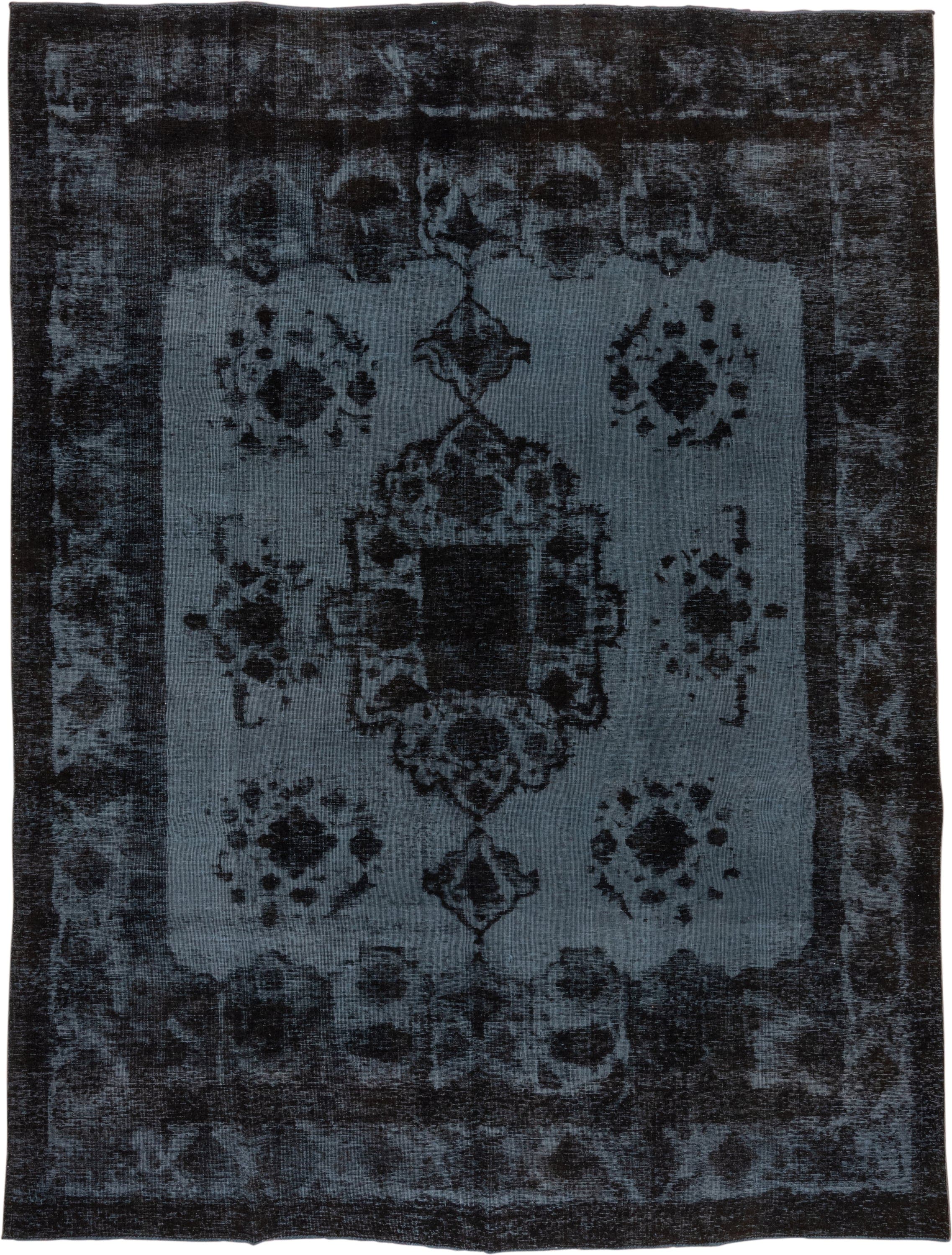 9' x 12' one-of-a-kind handmade antique Overdyed large size rug. Color palette: charcoal, slate, blue, ebony, gray, black