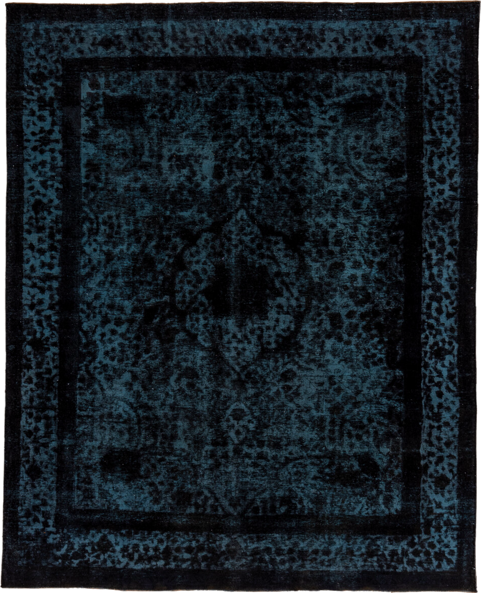 9' x 12' one-of-a-kind handmade antique Overdyed large size rug. Color palette: teal, charcoal, ink blue, slate, gray, black