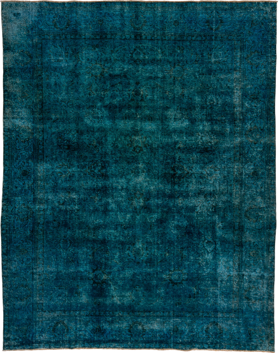 10' x 12' one-of-a-kind handmade vintage Overdyed large size rug. Color palette: teal, peacock, charcoal, slate, aqua, gray