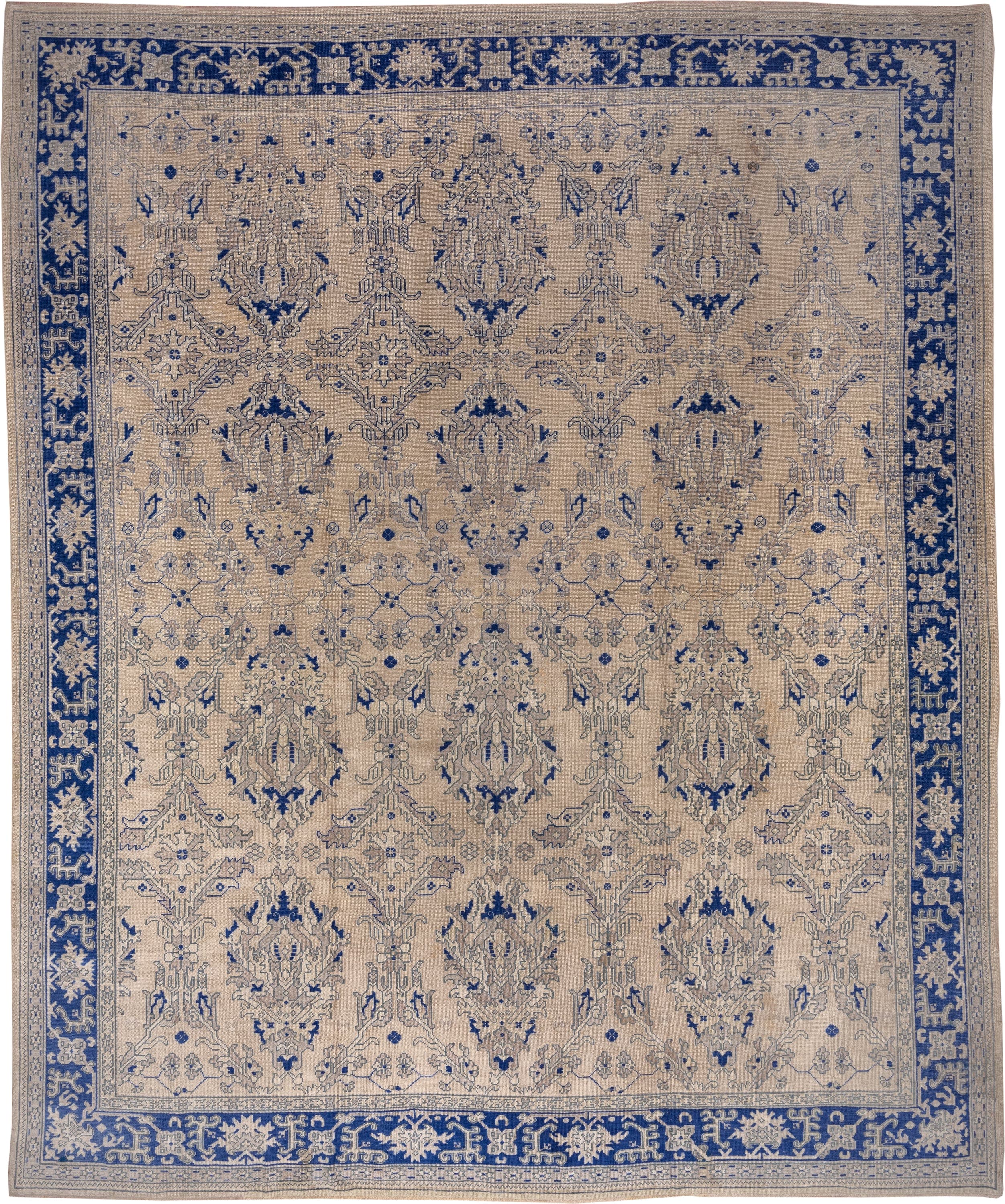 13' x 15' one-of-a-kind handmade antique Oushak oversize rug. Color palette: ivory, cobalt, beige, taupe, slate, blue, gray