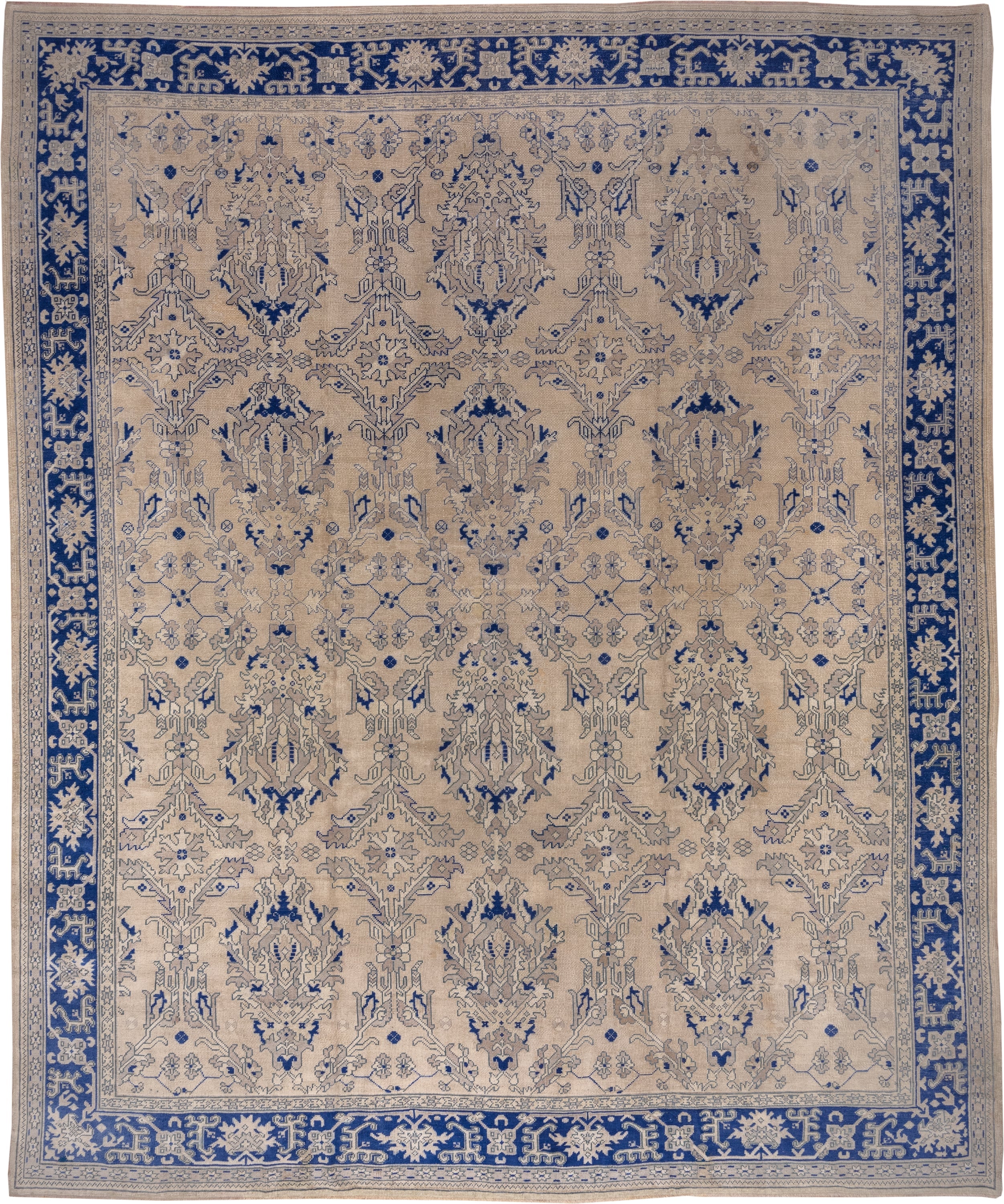13' x 15' one-of-a-kind handmade antique Oushak oversize rug. Color palette: ivory, cobalt, beige, taupe, slate, blue, gray