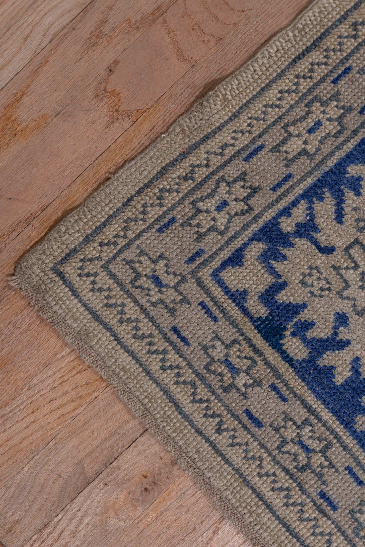 13' x 15' one-of-a-kind handmade antique Oushak oversize rug. Color palette: ivory, cobalt, beige, taupe, slate, blue, gray
