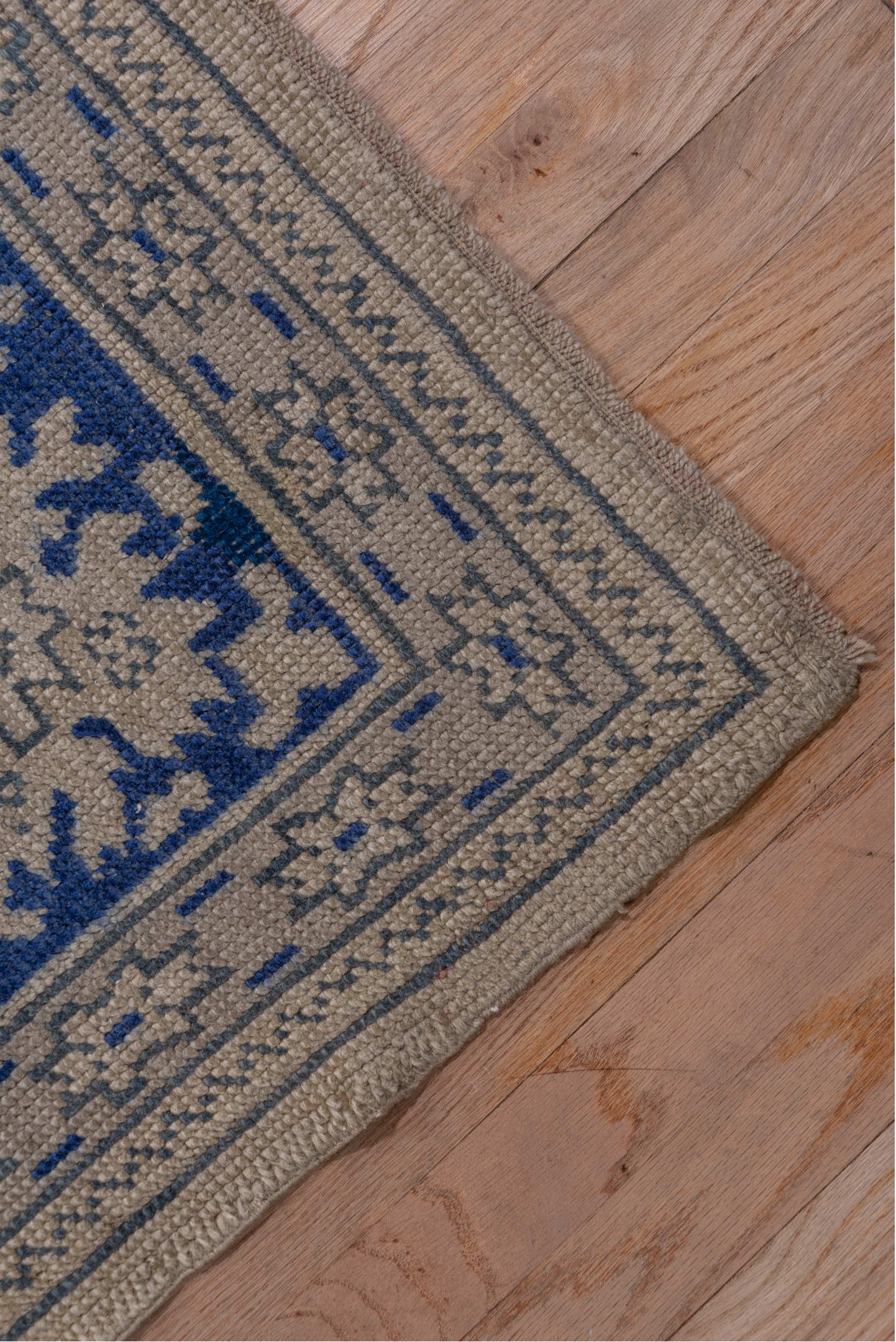 13' x 15' one-of-a-kind handmade antique Oushak oversize rug. Color palette: ivory, cobalt, beige, taupe, slate, blue, gray