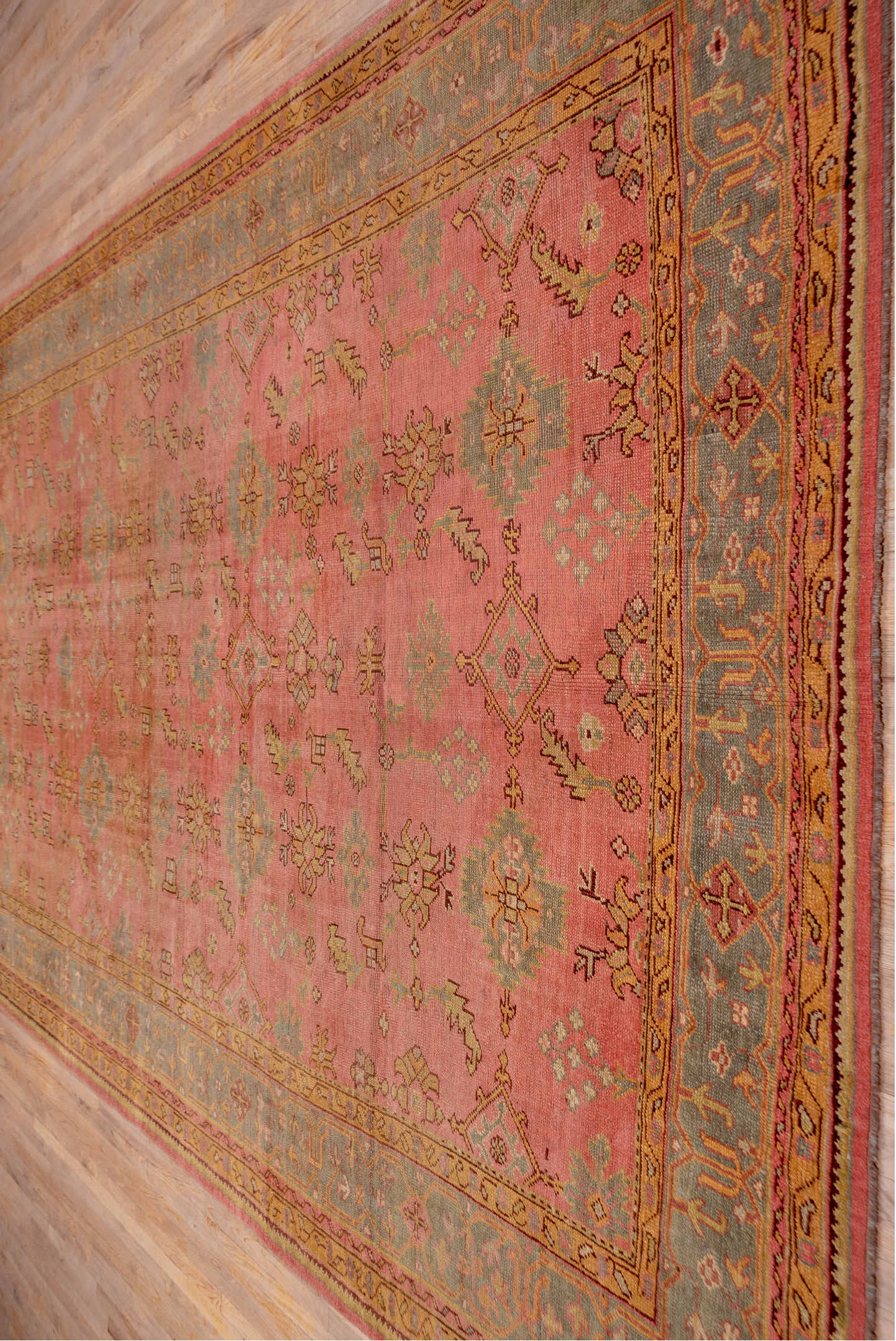 10' x 16' one-of-a-kind handmade antique Oushak rug. Color palette: rose, blue_gray, gold, sage, ivory, terra_cotta, taupe