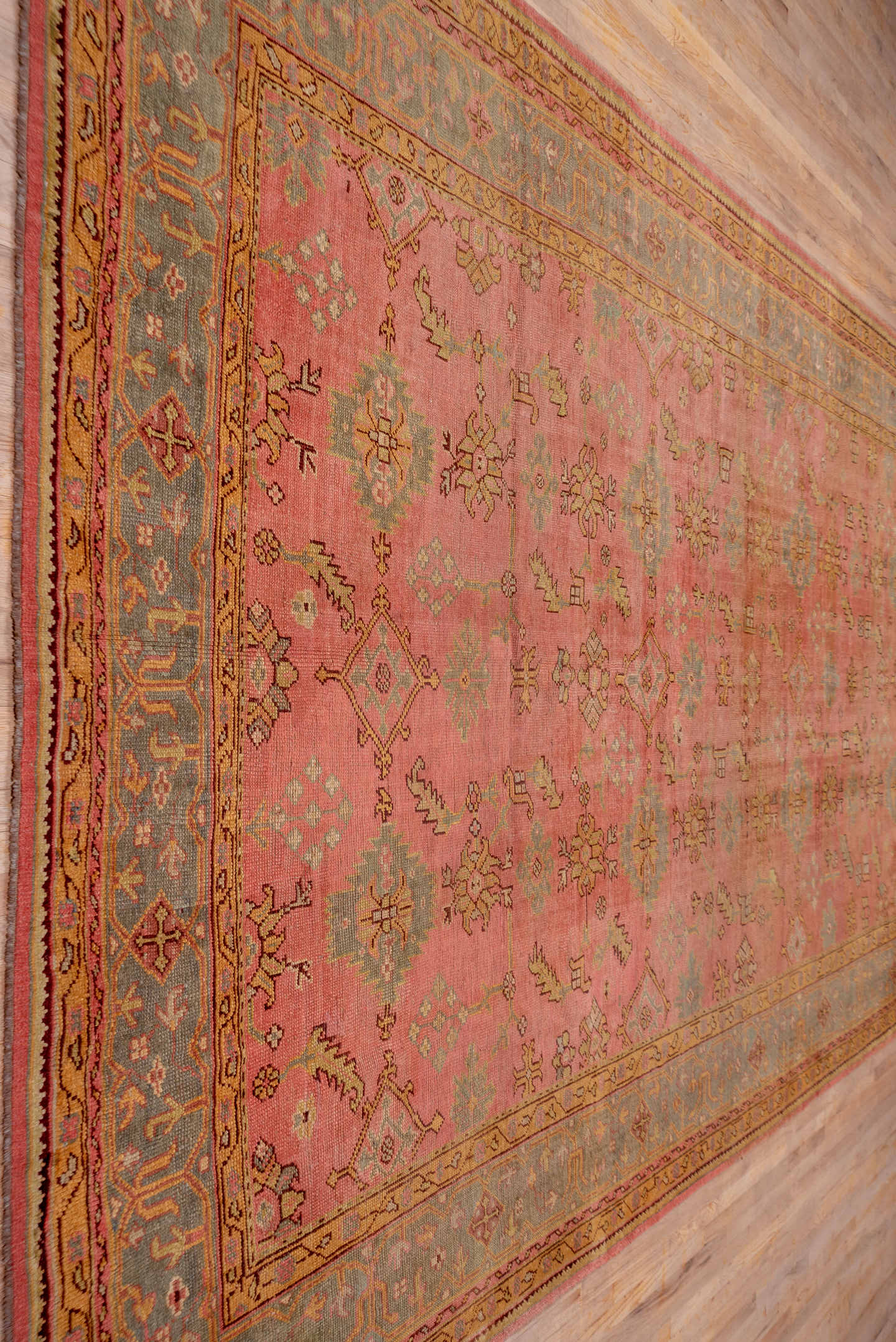 10' x 16' one-of-a-kind handmade antique Oushak rug. Color palette: rose, blue_gray, gold, sage, ivory, terra_cotta, taupe