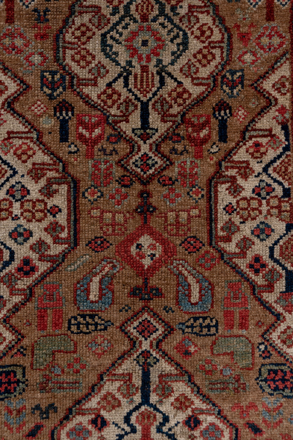 3' x 13' one-of-a-kind handmade antique Cam Hamadan runner rug. Color palette: taupe, rust, ivory, navy, terra cotta, slate