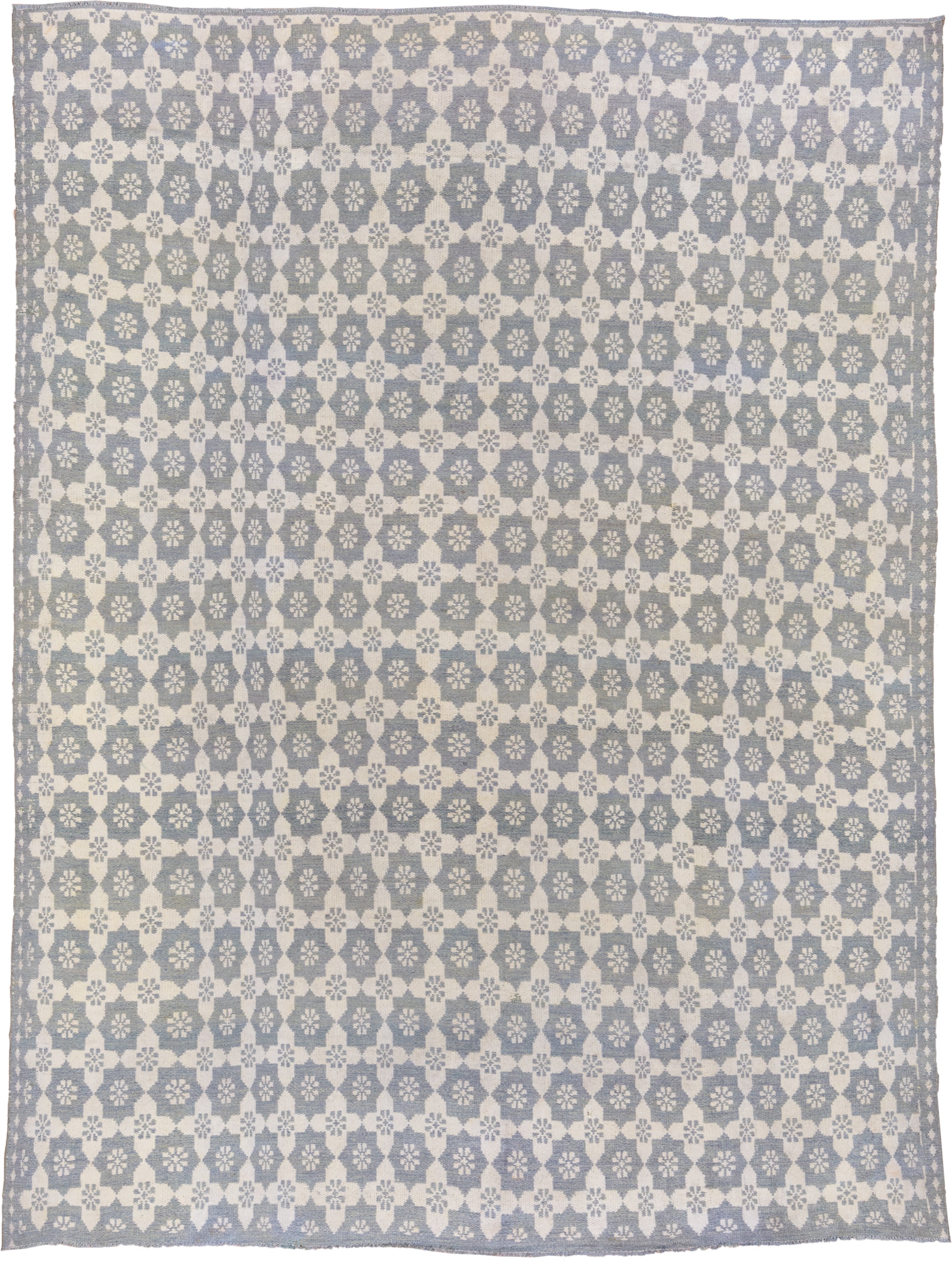 8' x 11' one-of-a-kind handmade antique Kilim large size rug. Color palette: ivory, slate, pale blue, gray, light blue