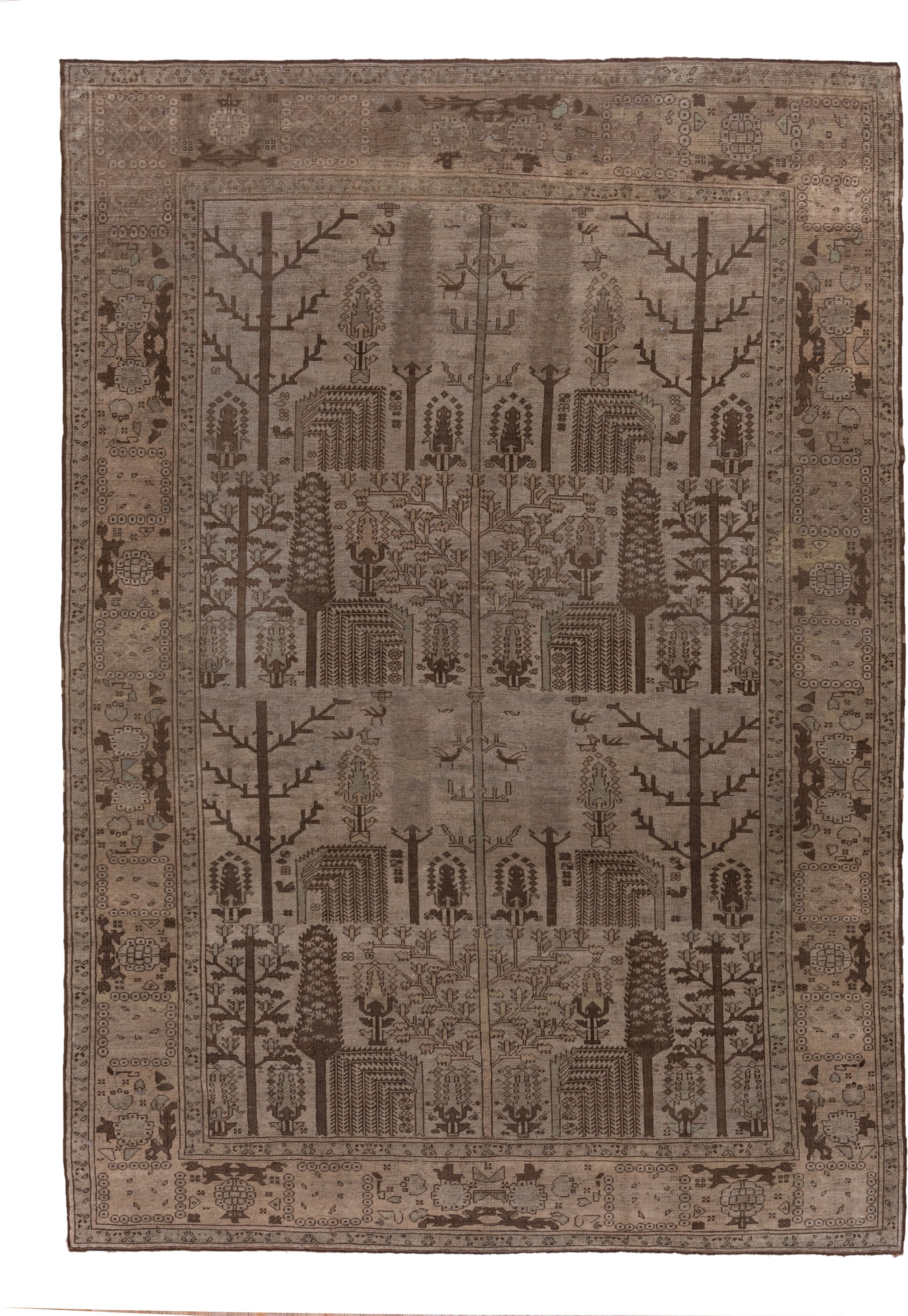 8' x 11' one-of-a-kind handmade antique Oushak large size rug. Color palette: taupe, brown, ivory, camel, charcoal, beige