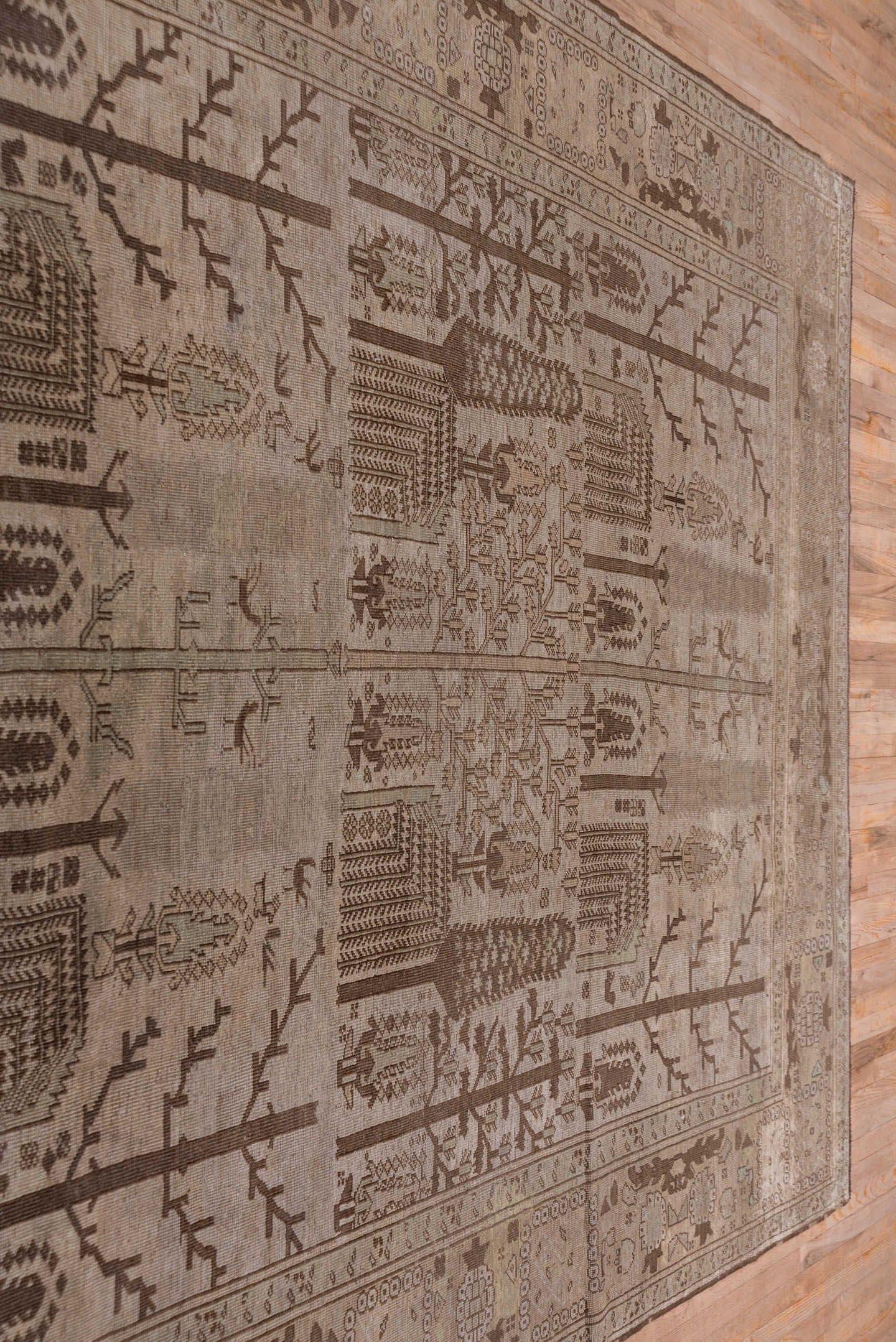 8' x 11' one-of-a-kind handmade antique Oushak large size rug. Color palette: taupe, brown, ivory, camel, charcoal, beige