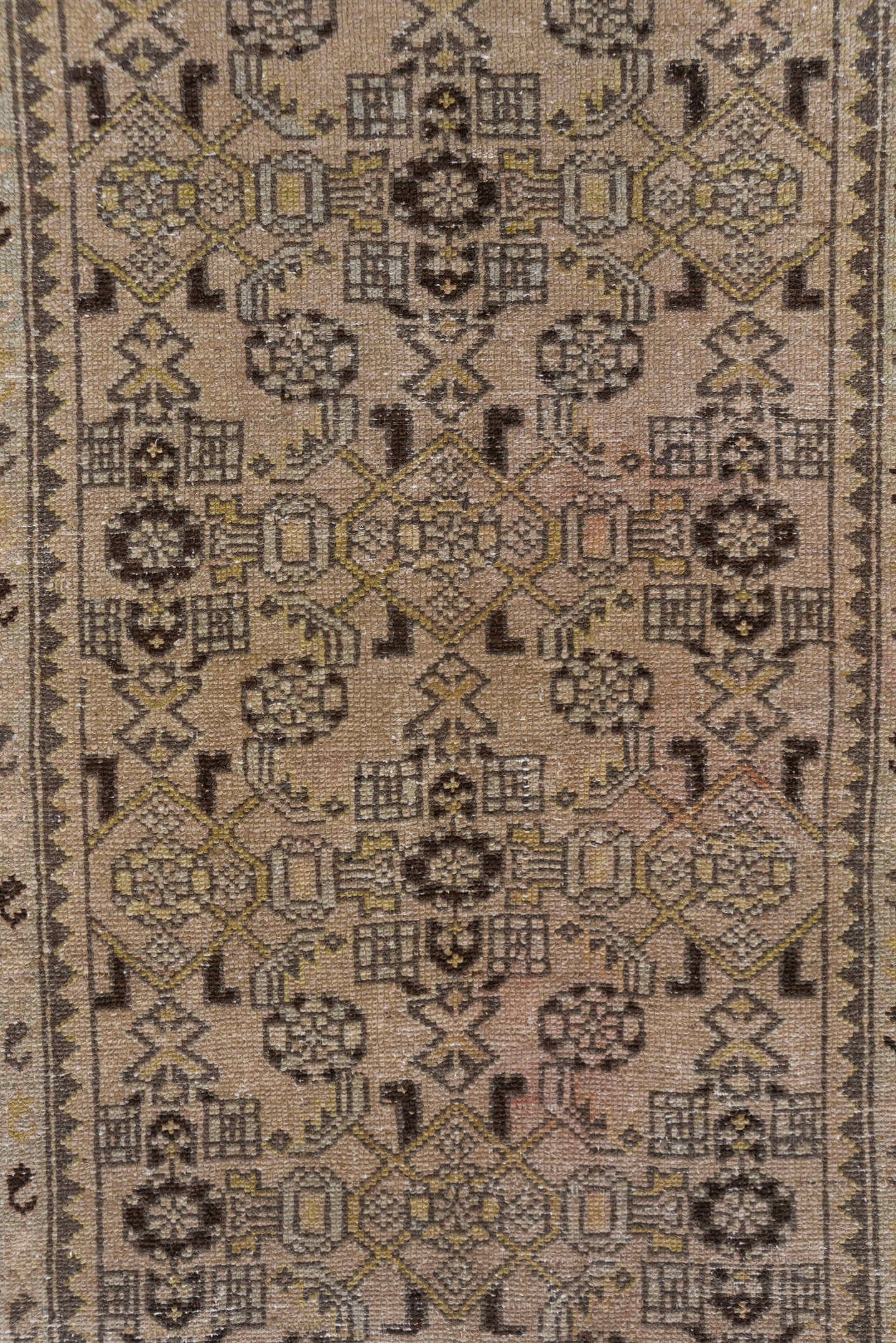 2' x 19' one-of-a-kind handmade antique Malayer runner rug. Color palette: taupe, brown, charcoal, ivory, camel, beige, gray