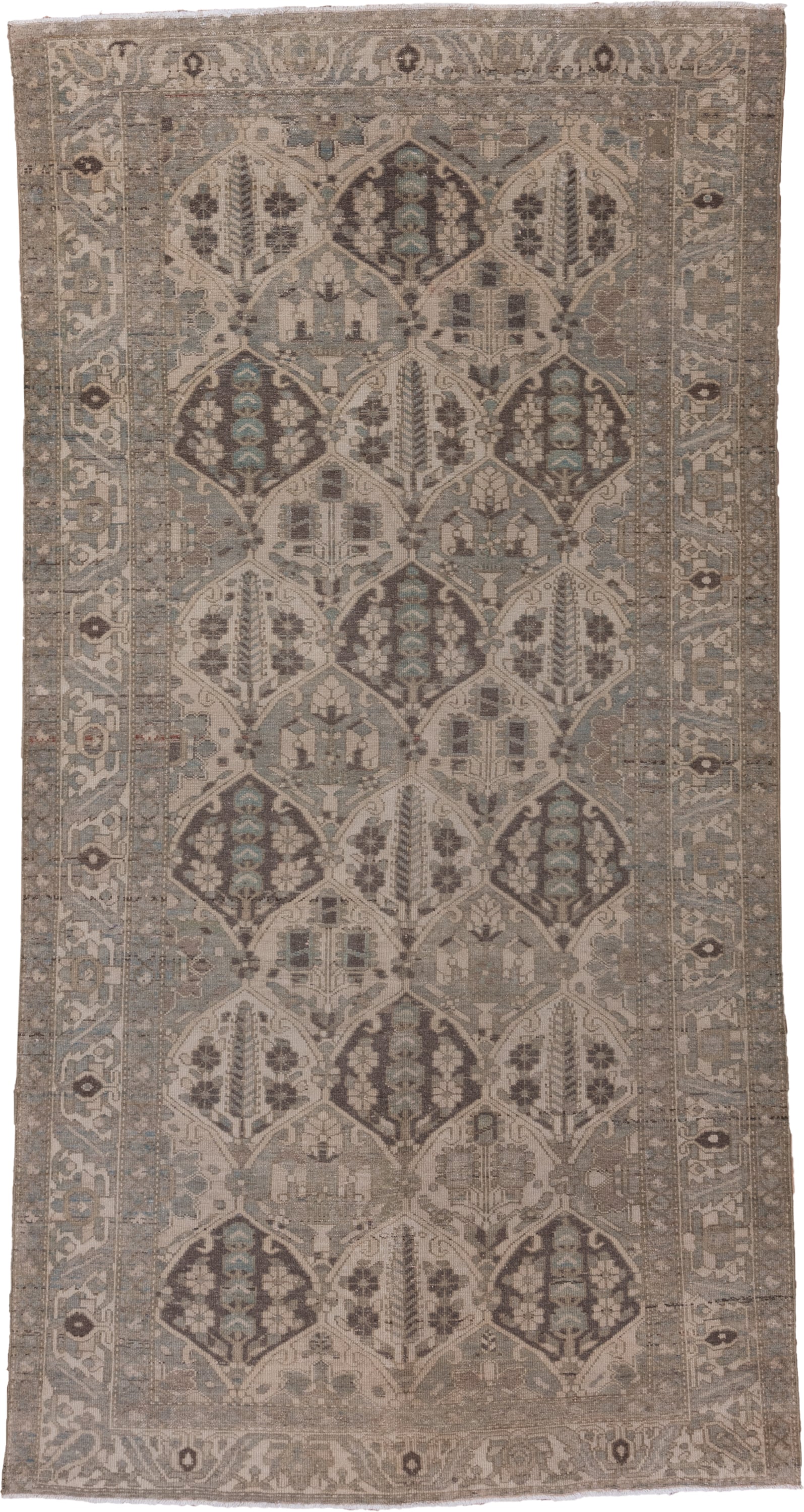 5' x 9' one-of-a-kind handmade antique Baktiary medium size rug. Color palette: taupe, ivory, slate, charcoal, camel