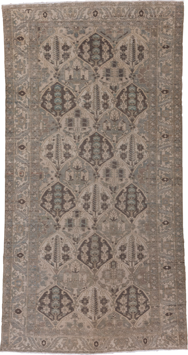 5' x 9' one-of-a-kind handmade vintage Baktiary medium size rug. Color palette: brown, gray, light gray, off-white, pink