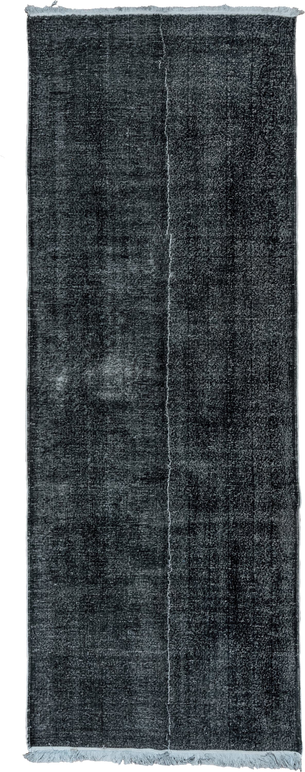 4' x 11' one-of-a-kind handmade vintage Overdyed runner rug. Color palette: charcoal, slate, ivory, gray, black