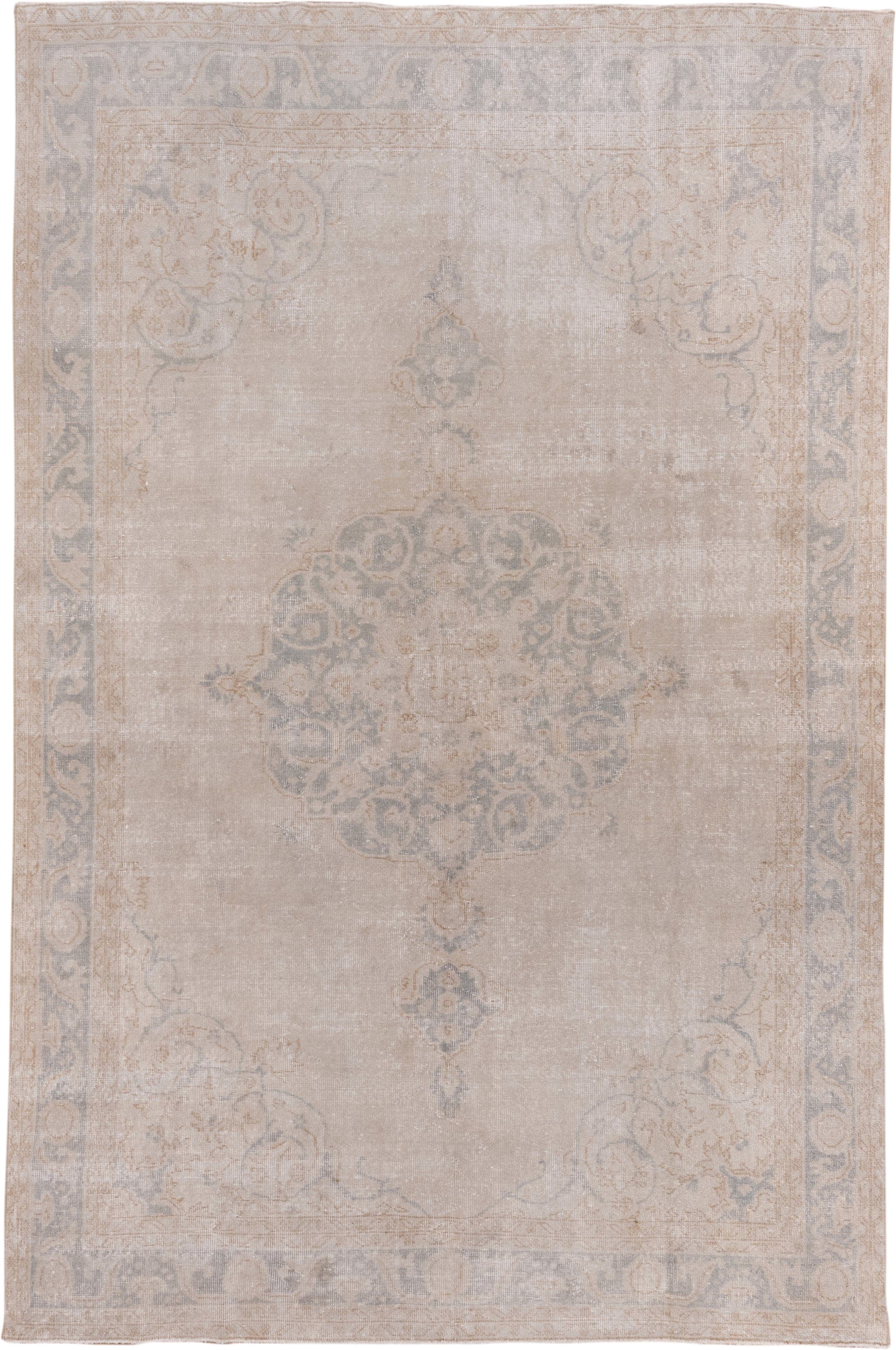 7' x 10' one-of-a-kind handmade vintage Oushak large size rug. Color palette: ivory, beige, taupe, pale blue, sand