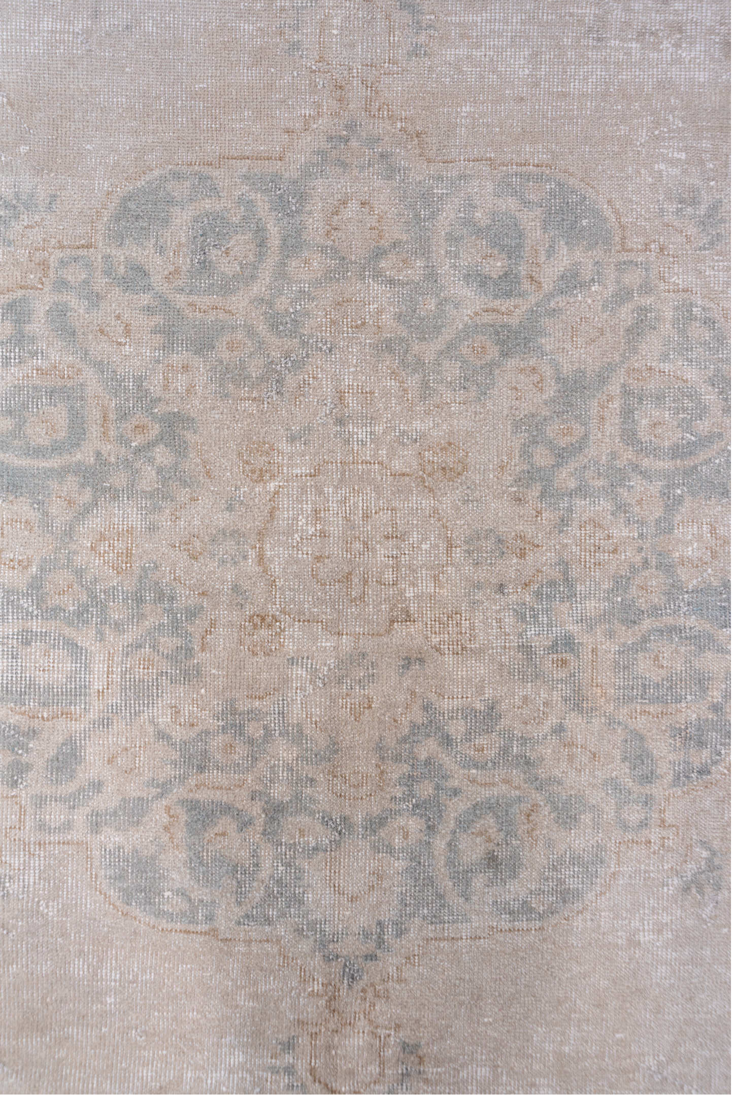 7' x 10' one-of-a-kind handmade vintage Oushak large size rug. Color palette: ivory, beige, taupe, pale blue, sand