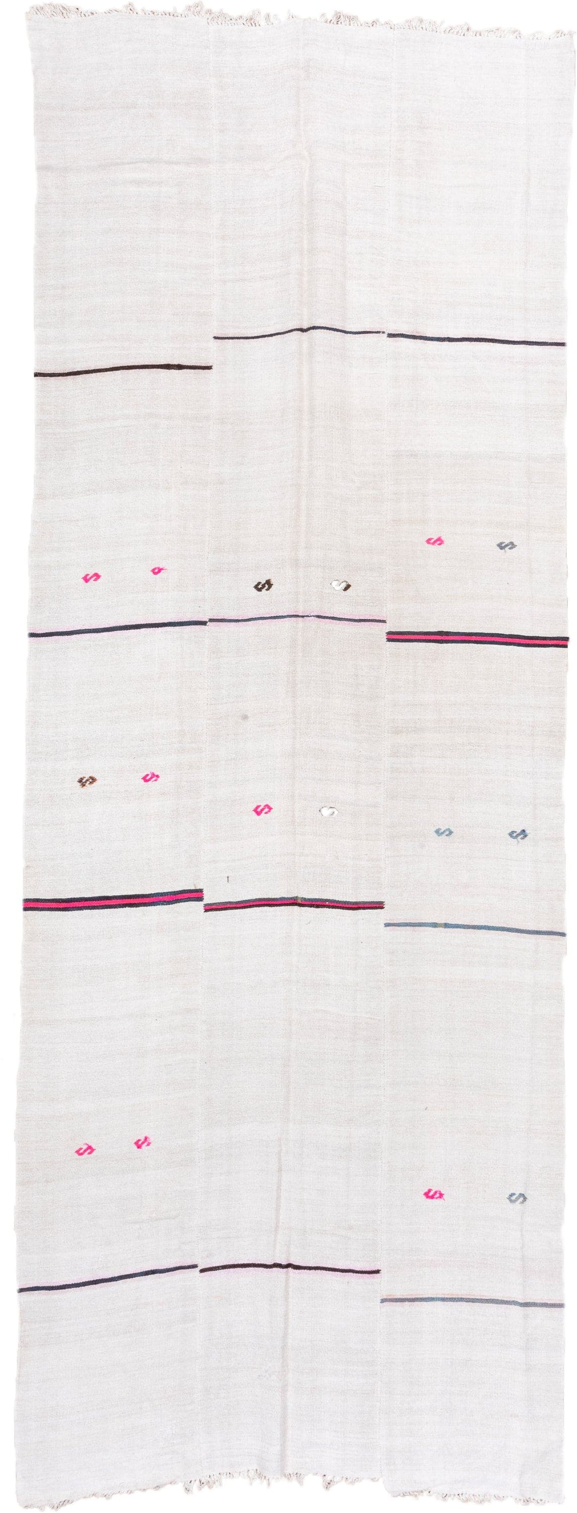 5' x 14' one-of-a-kind handmade vintage Hemp Kilim rug. Color palette: ivory, charcoal, pink, gray, soft_blue, black