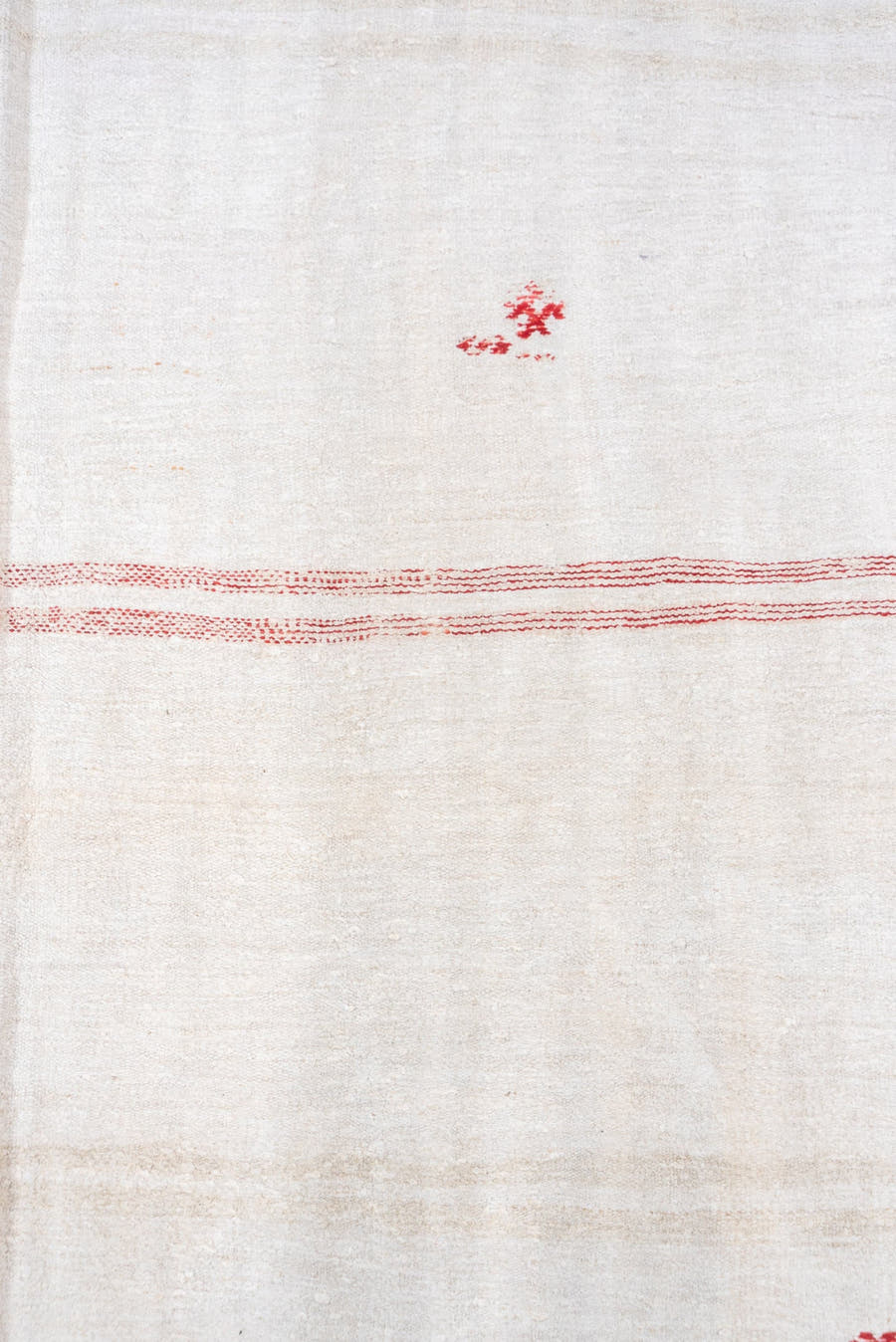 5' x 12' one-of-a-kind handmade vintage Hemp Kilim rug. Color palette: ivory, red, cream