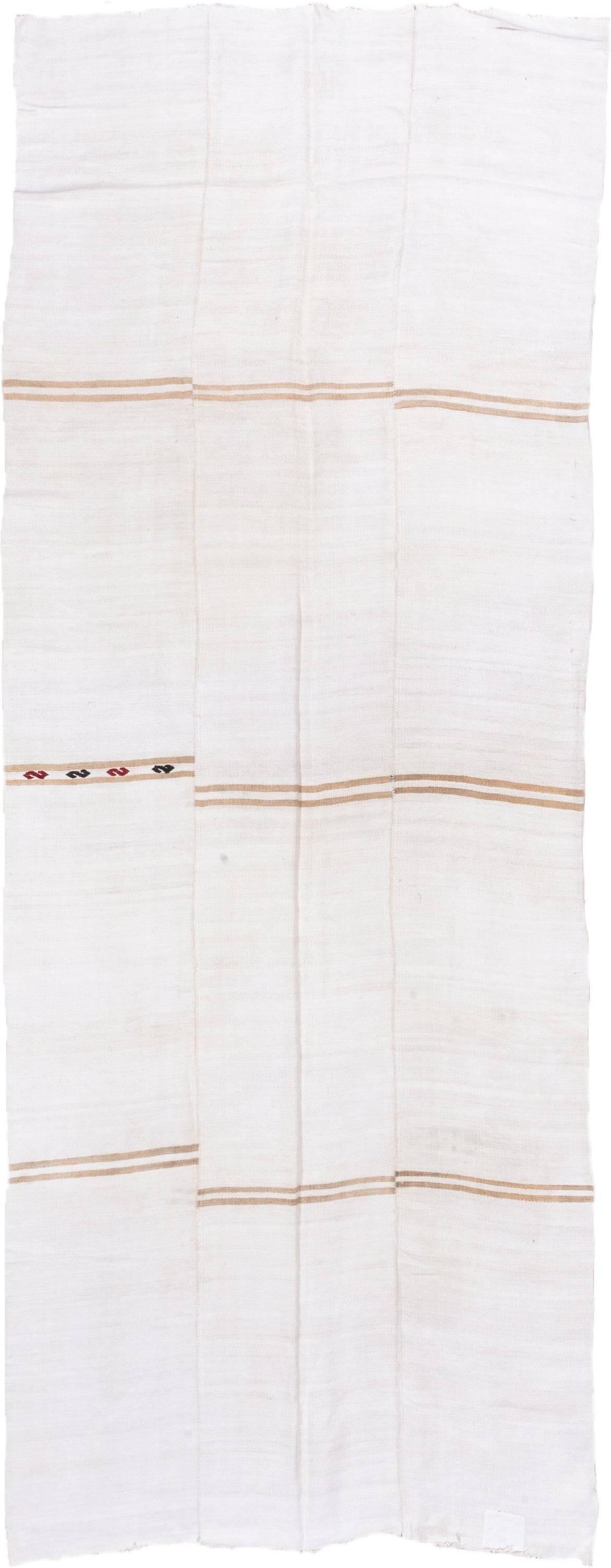 5' x 14' one-of-a-kind handmade vintage Hemp Kilim rug. Color palette: ivory, cream, camel, taupe, burgundy, charcoal, beige