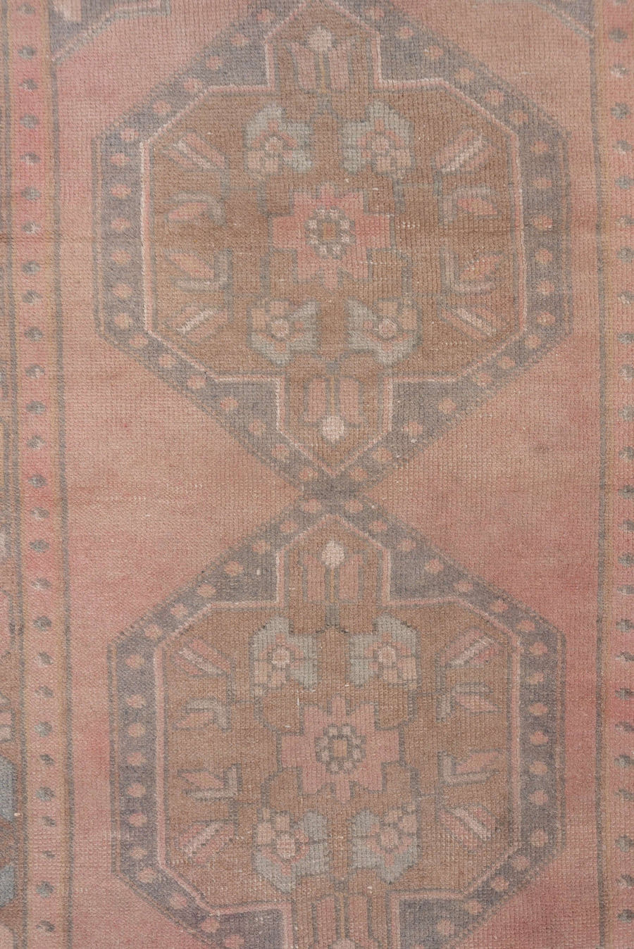 2' x 6' one-of-a-kind handmade antique Oushak runner rug. Color palette: rose, taupe, brown, charcoal, peach, ivory, sage