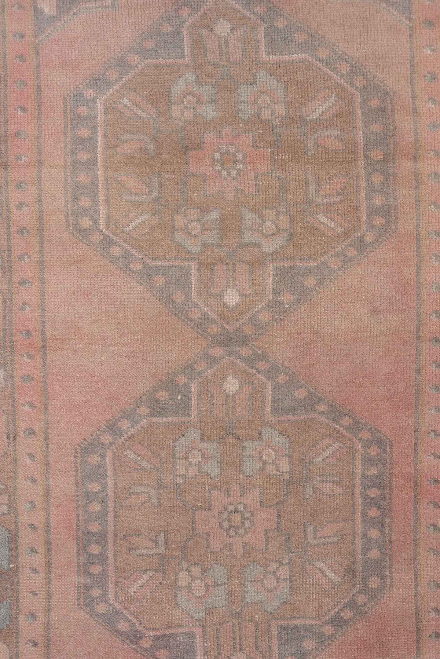 2' x 6' one-of-a-kind handmade antique Oushak runner rug. Color palette: rose, taupe, brown, charcoal, peach, ivory, sage