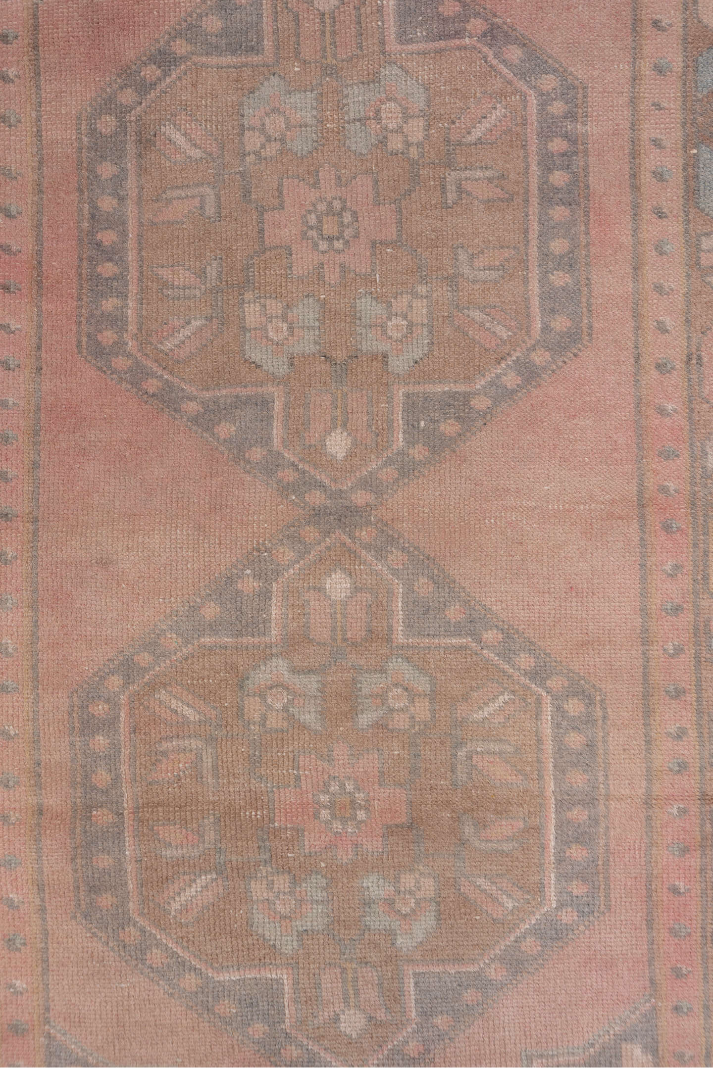 2' x 6' one-of-a-kind handmade antique Oushak runner rug. Color palette: rose, taupe, brown, charcoal, peach, ivory, sage