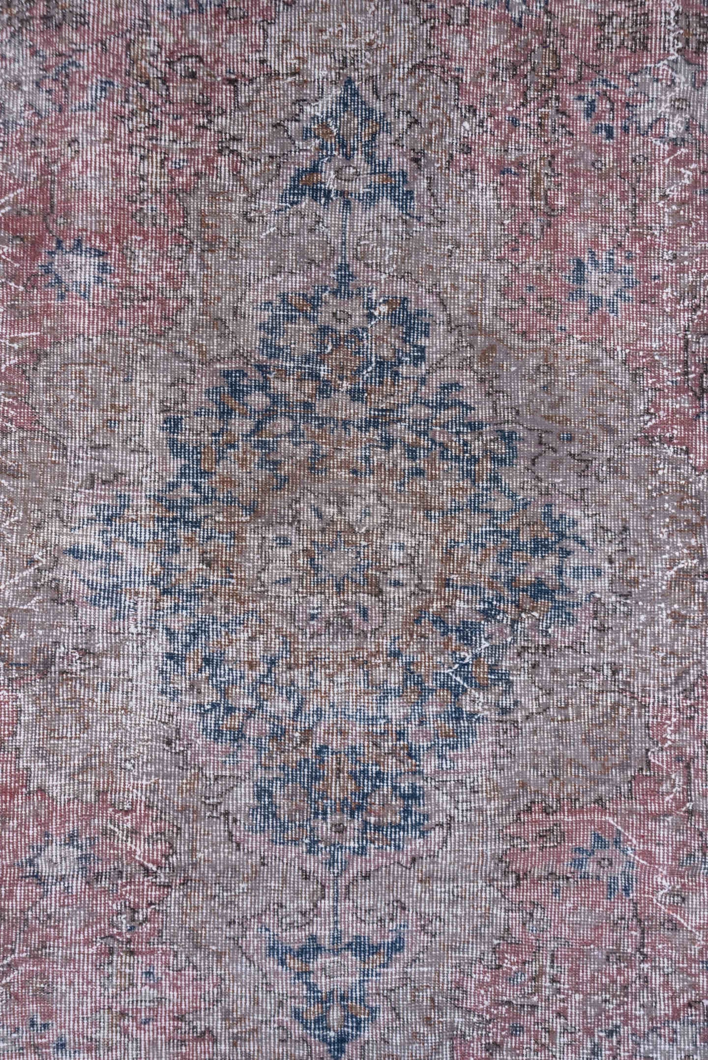 6' x 9' one-of-a-kind handmade antique Overdyed medium size rug. Color palette: rose, ivory, taupe, dusty blue, blush, beige