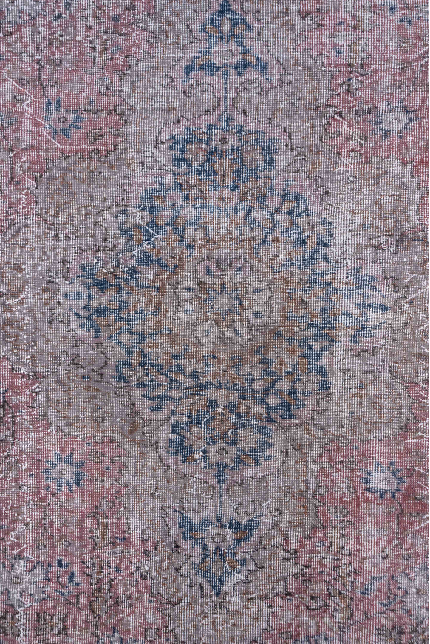 6' x 9' one-of-a-kind handmade vintage Overdyed medium size rug. Color palette: blue, gray, lavender blush, light gray