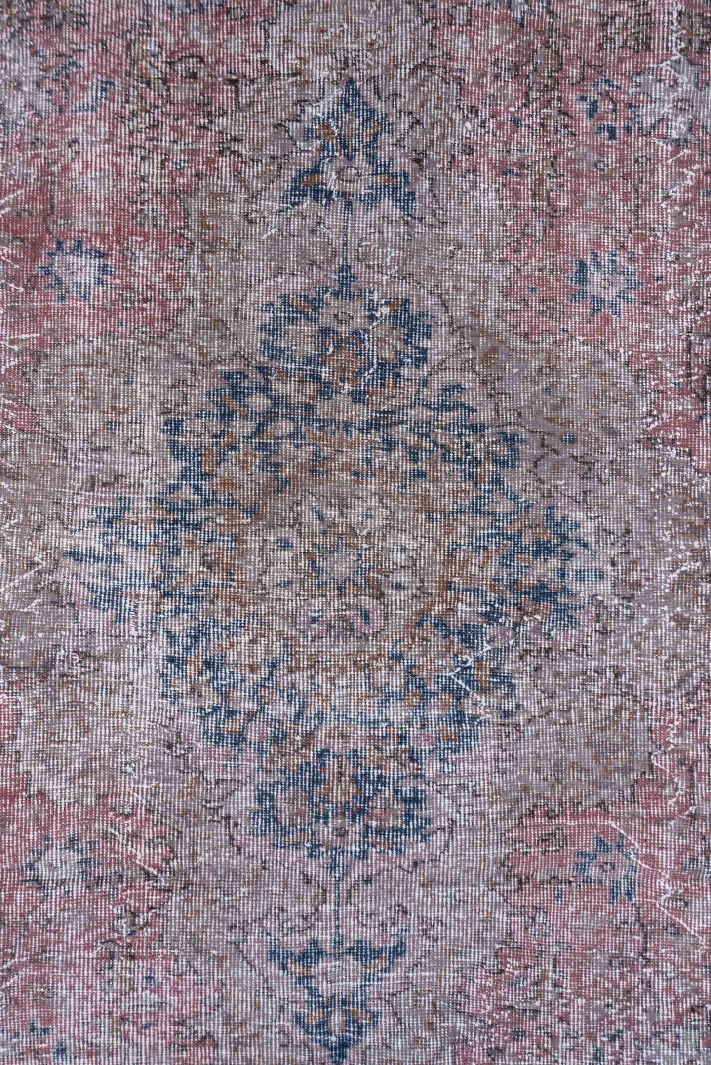 6' x 9' one-of-a-kind handmade antique Overdyed medium size rug. Color palette: rose, ivory, taupe, dusty blue, blush, beige