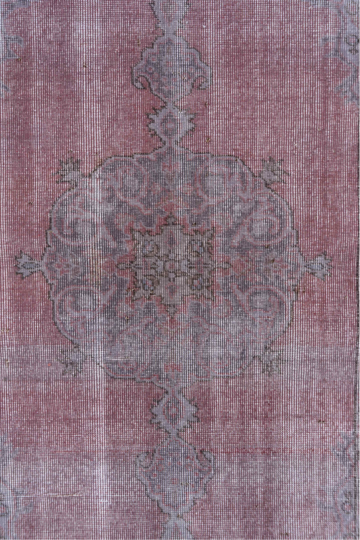 3' x 7' one-of-a-kind handmade vintage Overdyed rug. Color palette: dark gray, gray, light gray, off-white, pink