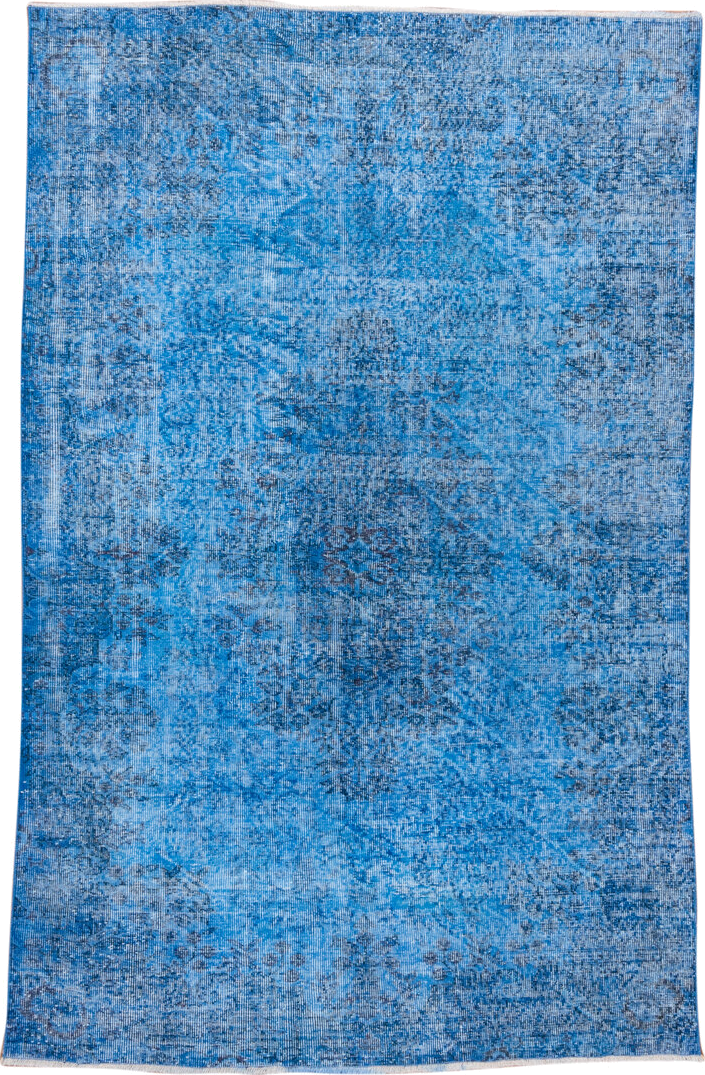 5' x 8' one-of-a-kind handmade vintage Overdyed medium size rug. Color palette: blue, gray, light blue, light steel blue