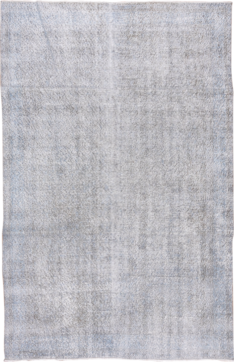 6' x 9' one-of-a-kind handmade antique Overdyed medium size rug. Color palette: ivory, pale blue, silver, taupe, gray