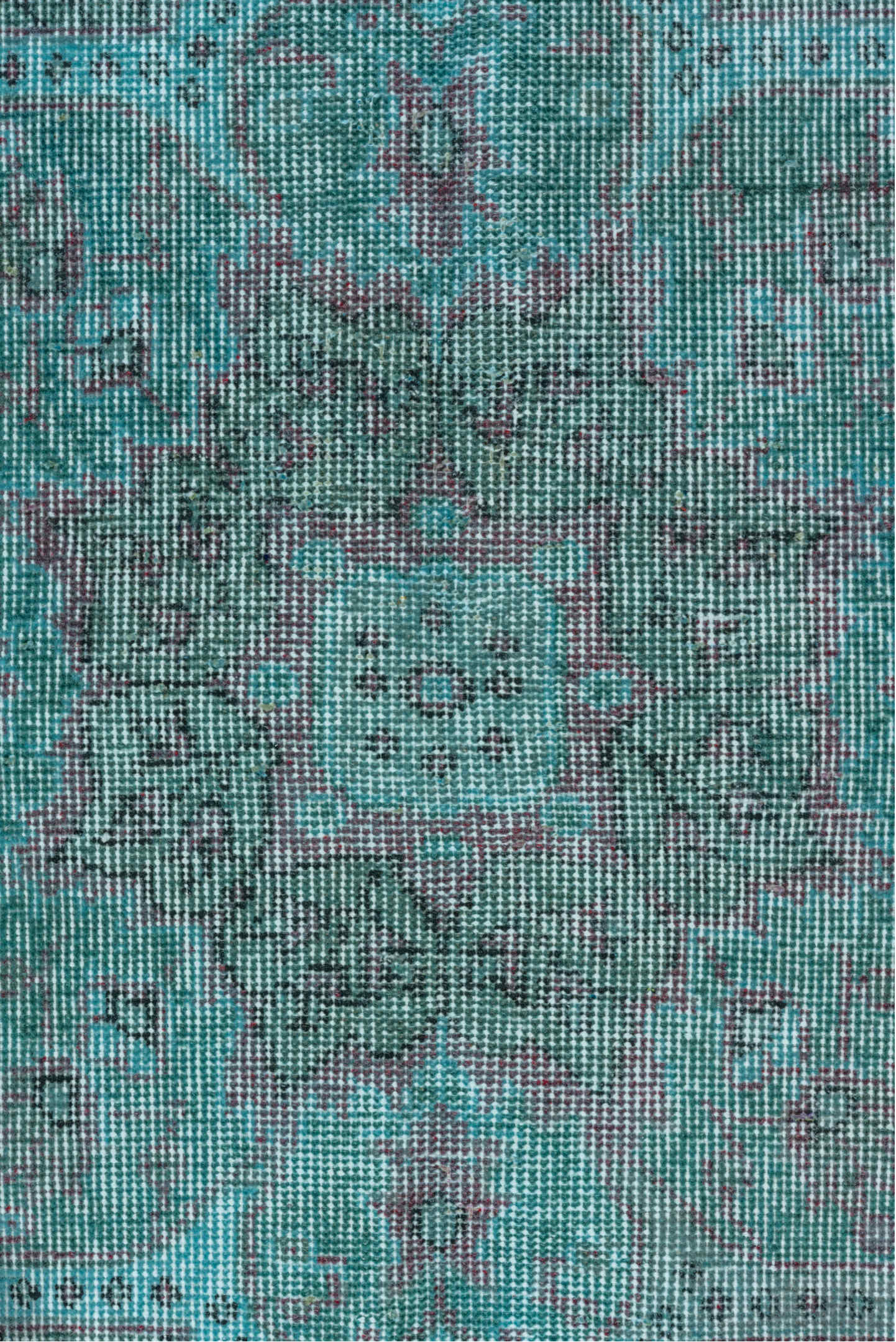 5' x 9' one-of-a-kind handmade antique Overdyed medium size rug. Color palette: turquoise, aqua, lavender, charcoal, teal