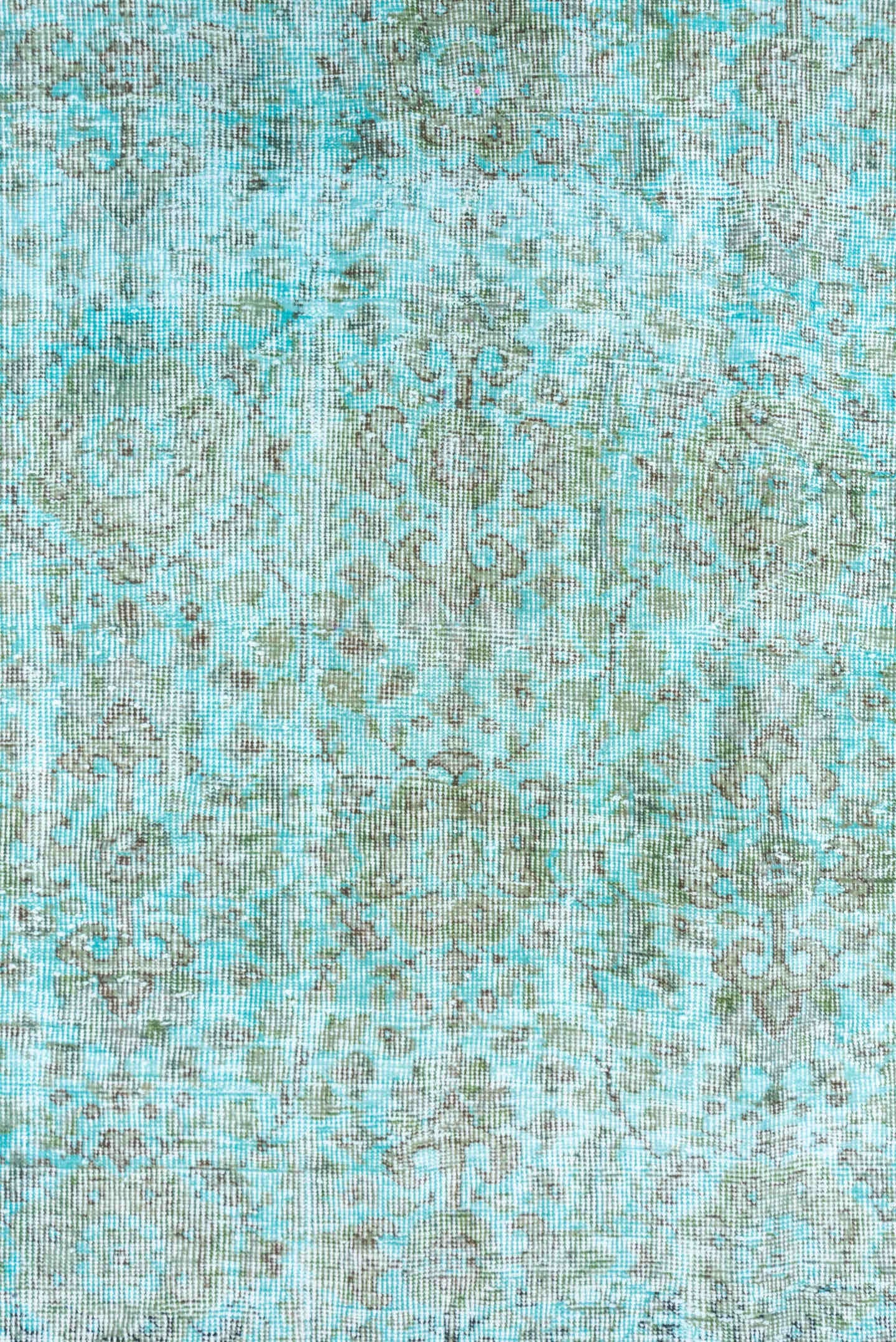 5' x 9' one-of-a-kind handmade antique Overdyed medium size rug. Color palette: aqua, ivory, sage, taupe, seafoam, pale gray