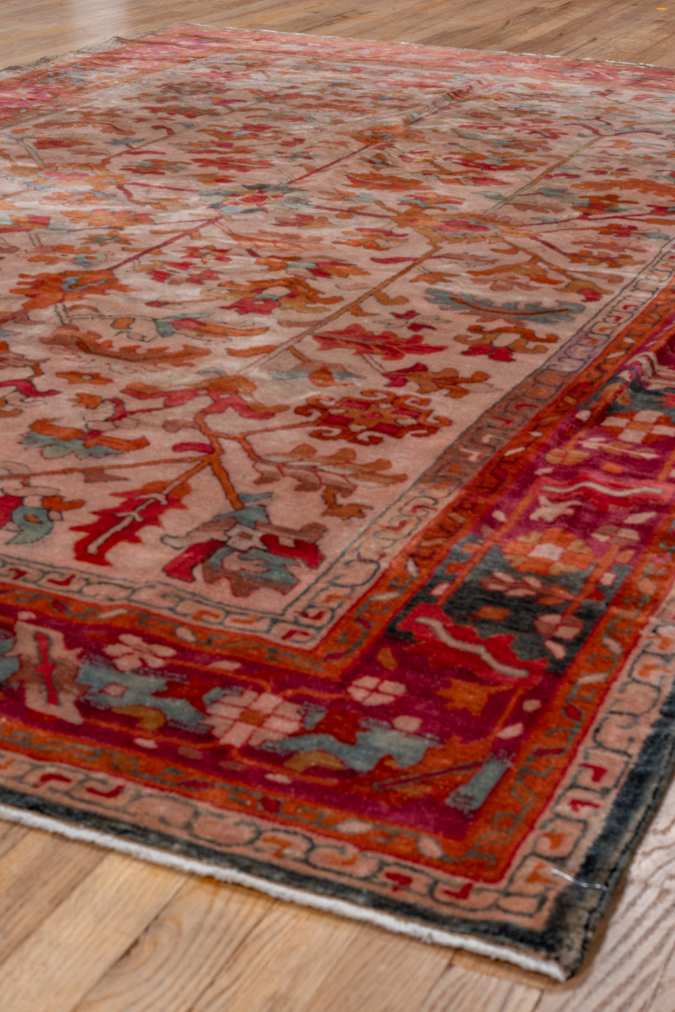 6' x 10' one-of-a-kind handmade antique Hooked large size rug. Color palette: rose, rust, coral, ivory, muted blue