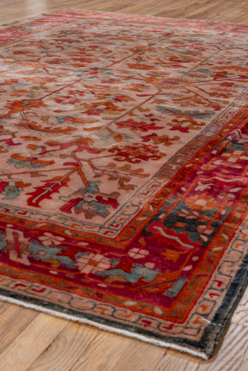6' x 10' one-of-a-kind handmade antique Hooked large size rug. Color palette: rose, rust, coral, ivory, muted blue