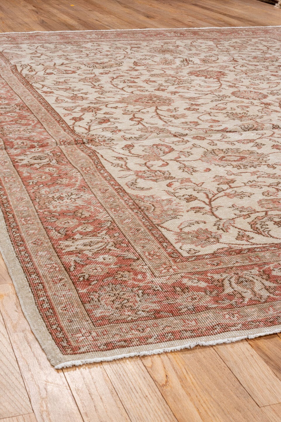 6' x 9' one-of-a-kind handmade antique Sparta medium size rug. Color palette: ivory, rose, blush, taupe, dusty pink, pink