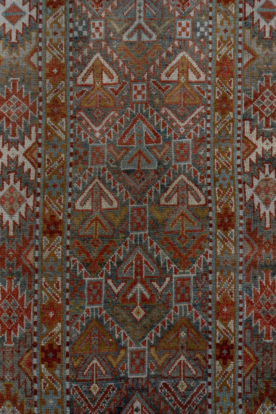 3' x 12' one-of-a-kind handmade antique NW Persian runner rug. Color palette: rust, taupe, ivory, slate, camel, terracotta