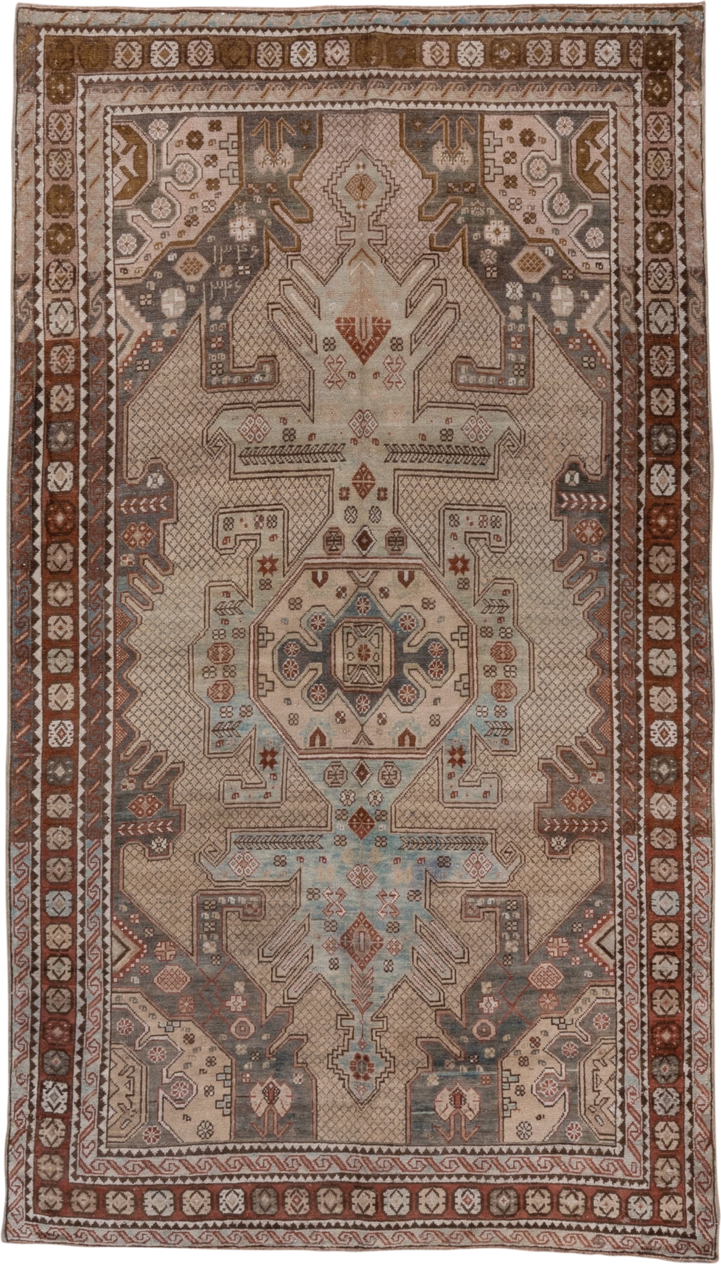 4' x 7' one-of-a-kind handmade antique Shirvan rug. Color palette: ivory, rust, brown, slate, sky blue, taupe, terracotta