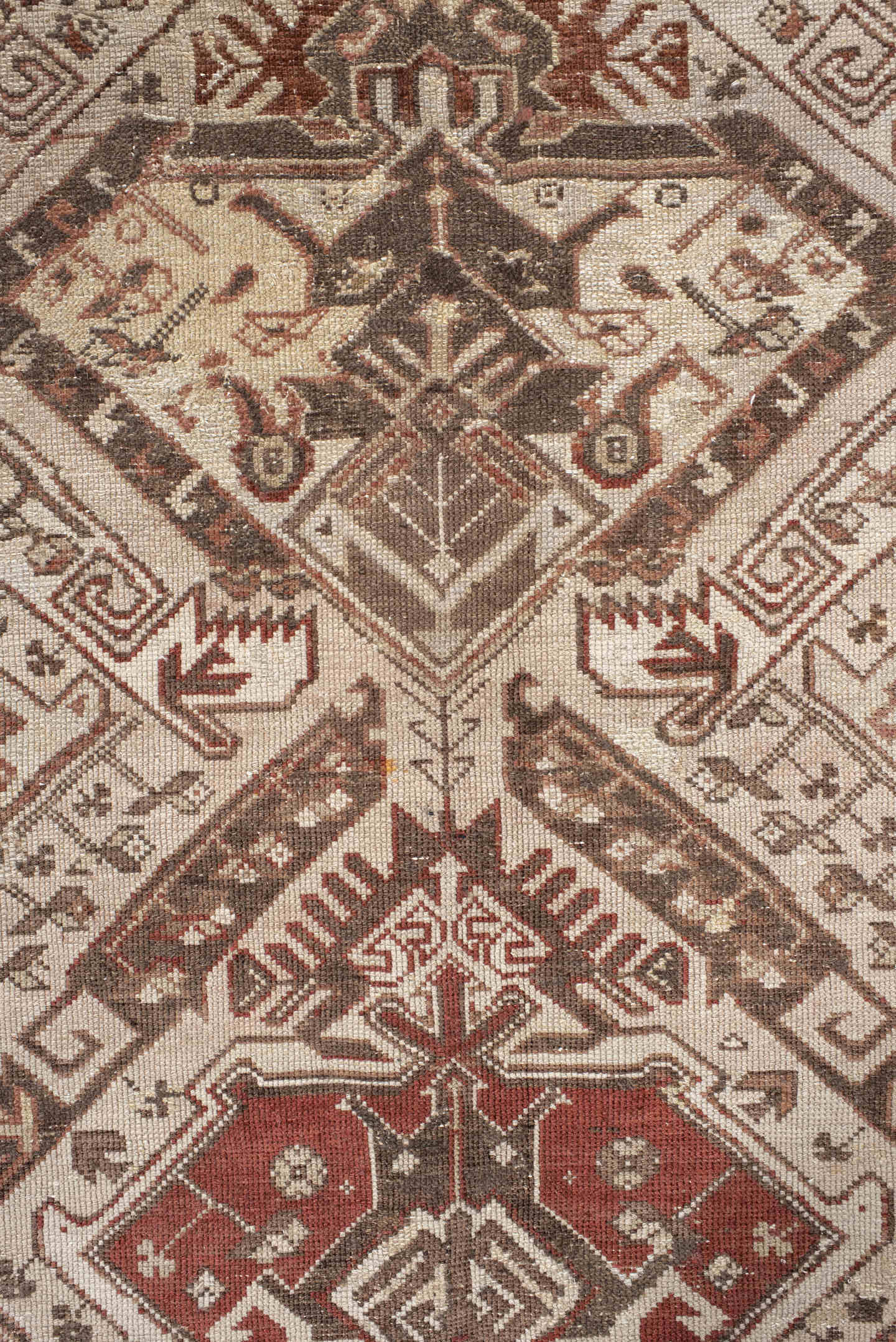 5' x 10' one-of-a-kind handmade vintage Caucasian medium size rug. Color palette: ivory, taupe, brown, rust, camel, rose