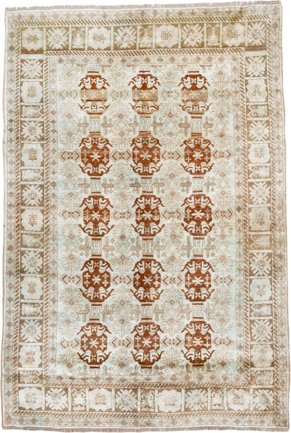 3' x 5' one-of-a-kind handmade antique Kaisary small size rug. Color palette: ivory, camel, taupe, rust, beige, sand, gray