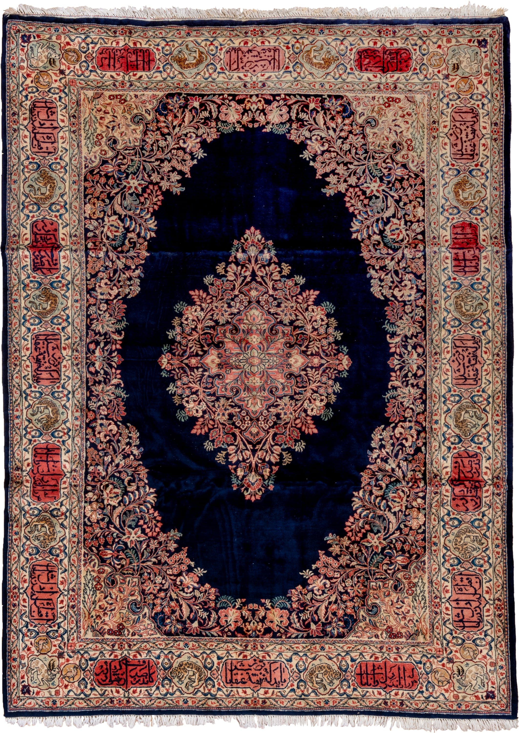8' x 11' one-of-a-kind handmade antique Sarouk large size rug. Color palette: navy, ivory, rose, crimson, gold, sage, camel