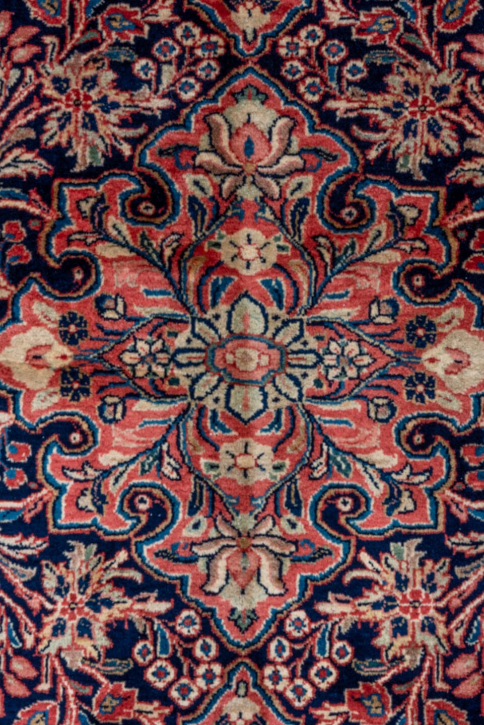 8' x 11' one-of-a-kind handmade antique Sarouk large size rug. Color palette: navy, ivory, rose, crimson, gold, sage, camel