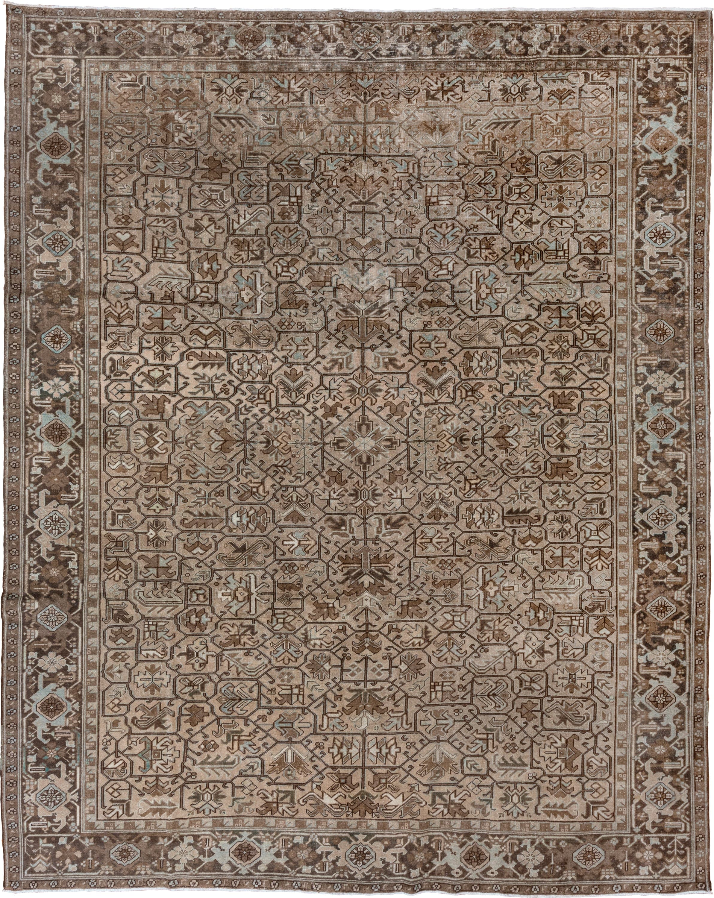 9' x 12' one-of-a-kind handmade antique Heriz large size rug. Color palette: taupe, brown, camel, ivory, pale_blue, beige