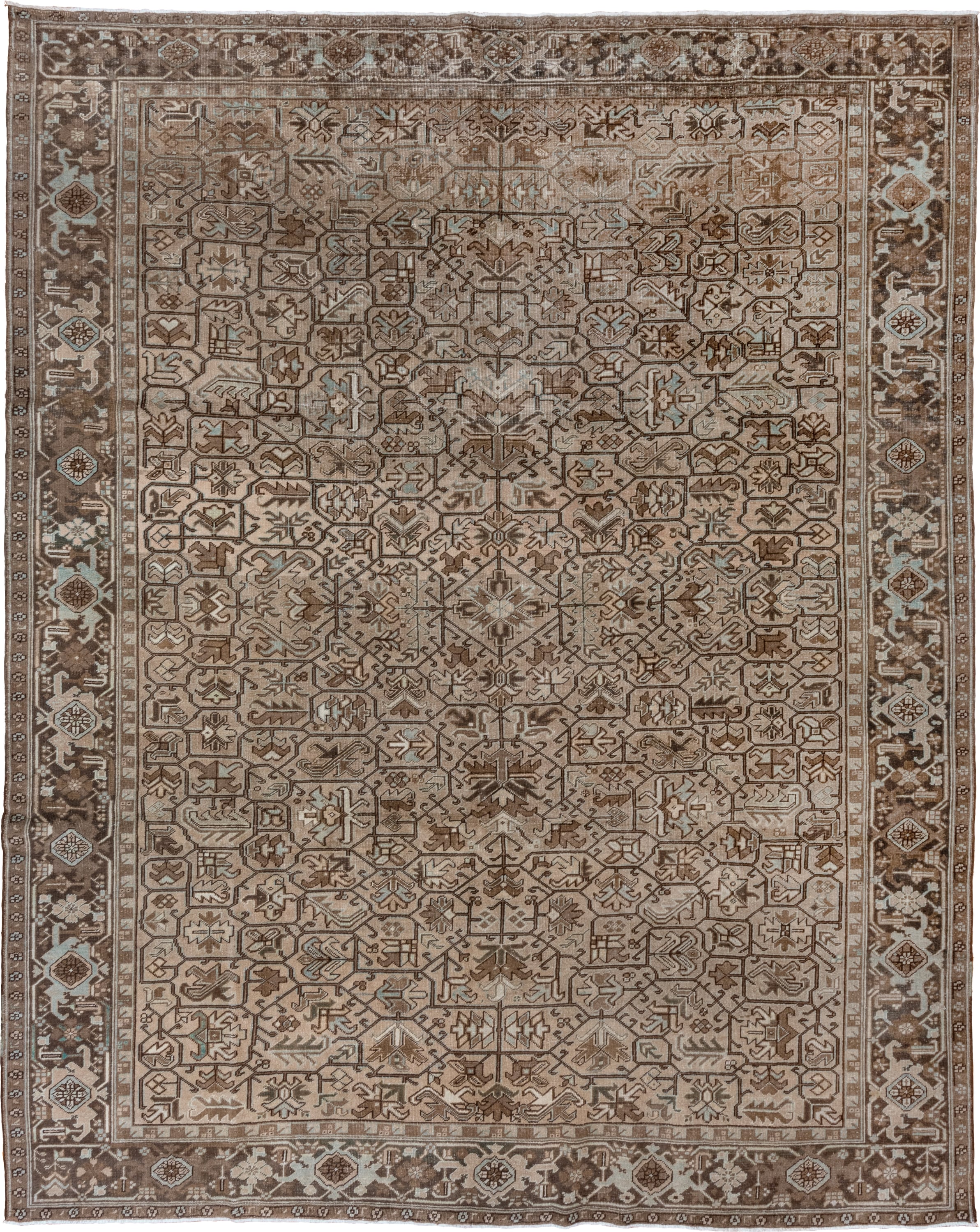 9' x 12' one-of-a-kind handmade antique Heriz large size rug. Color palette: taupe, brown, camel, ivory, pale_blue, beige