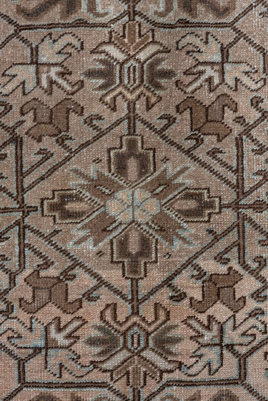 9' x 12' one-of-a-kind handmade antique Heriz large size rug. Color palette: taupe, brown, camel, ivory, pale_blue, beige