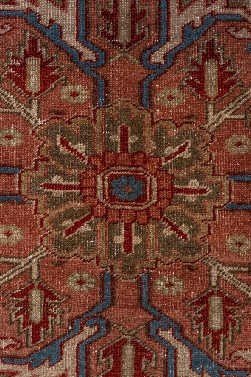 9' x 12' one-of-a-kind handmade antique Heriz large size rug. Color palette: rust, ivory, taupe, sky blue, brown, slate