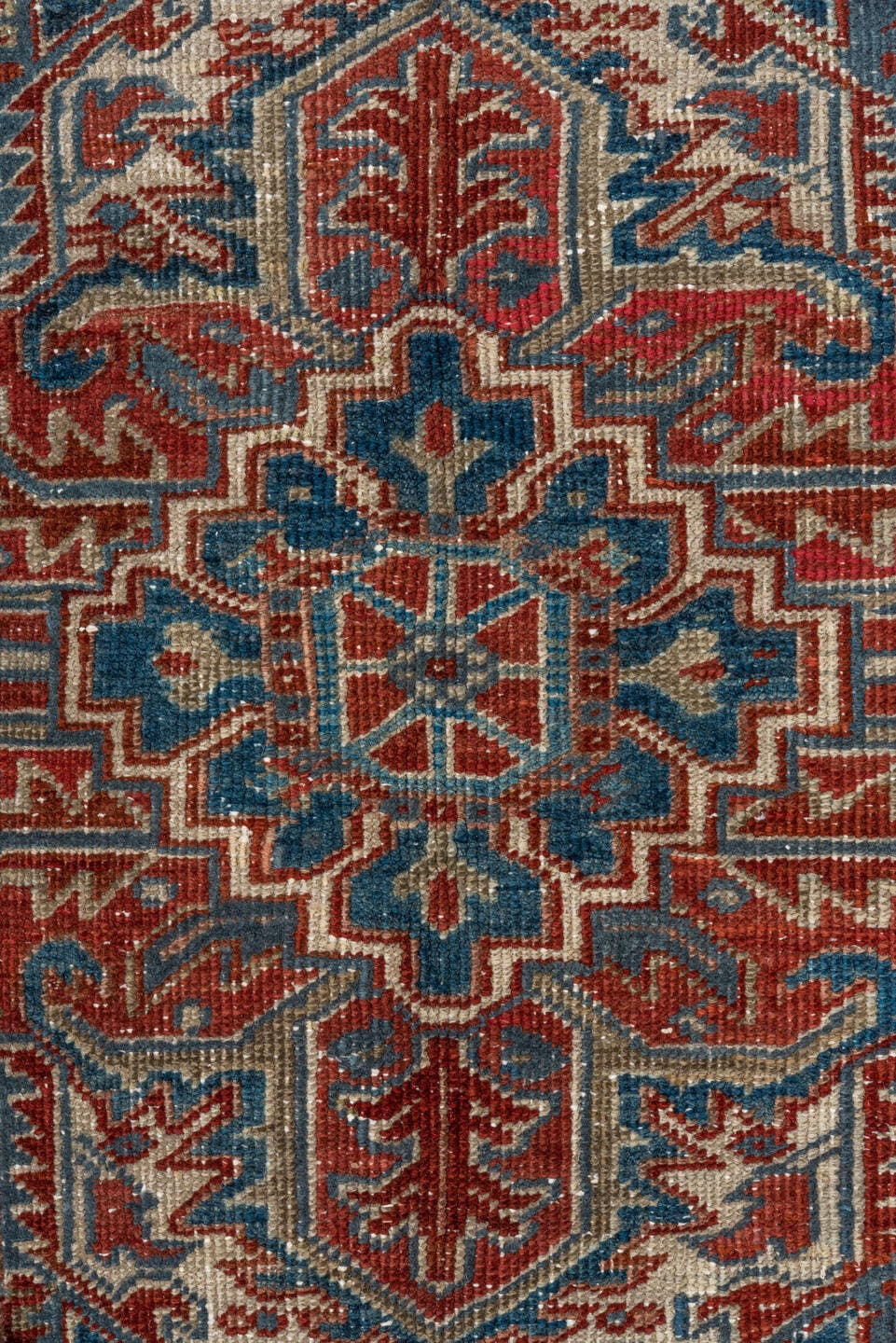 8' x 10' one-of-a-kind handmade antique Heriz large size rug. Color palette: rust, ivory, slate, navy, terra cotta, camel