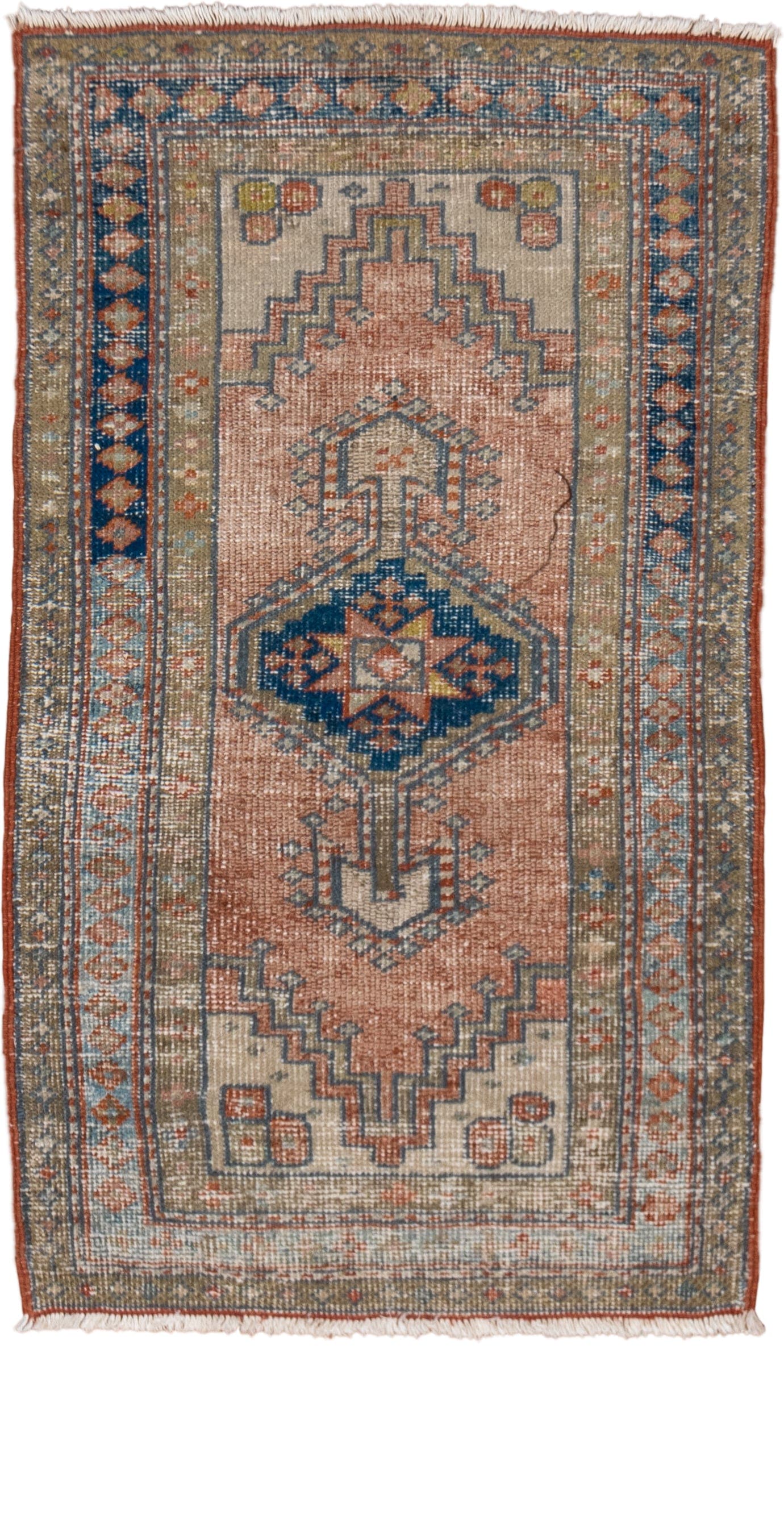 2' x 4' one-of-a-kind handmade antique Heriz small size rug. Color palette: ivory, faded coral, slate blue, indigo, taupe