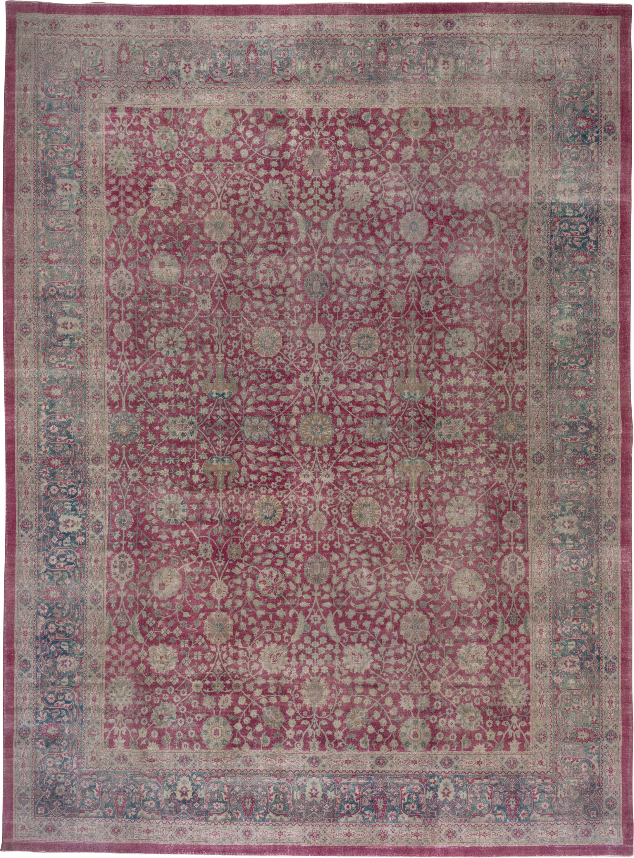 12' x 17' one-of-a-kind handmade antique Sivas oversize rug. Color palette: rose, ivory, teal, dusty pink, sage, taupe, pink
